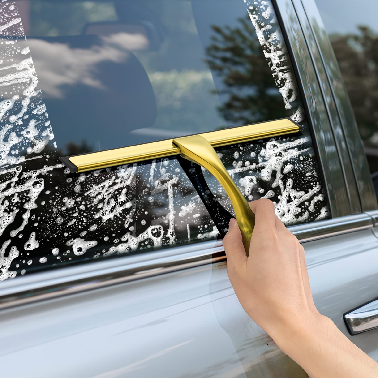 All-Purpose Stainless Steel Shower Squeegee For Shower Doors With 2 Adhesive Hooks, Bathroom Cleaner Tool Household Window Mirro