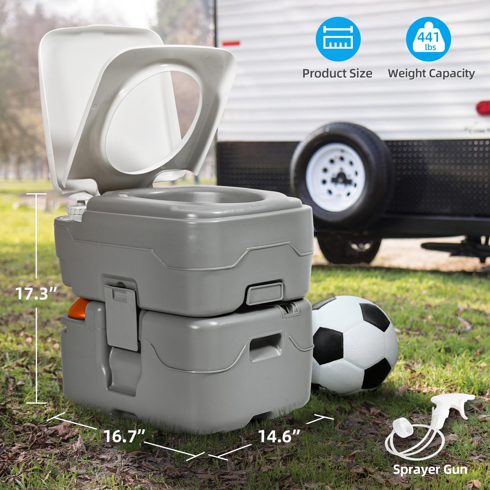 YITAHOME Portable Toilet 5.8 Gallon, Leak-Proof Camping Porta Potty with Hand Sprayer, Gray, for RV and Outdoor Use