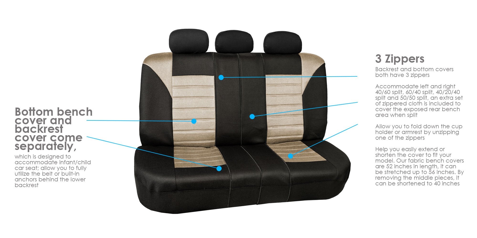 Fh Group Automotive Car Seat Covers Full Set Premium 3D Air Mesh Beige And Black Seat Covers, Airbag Compatible And Split Bench