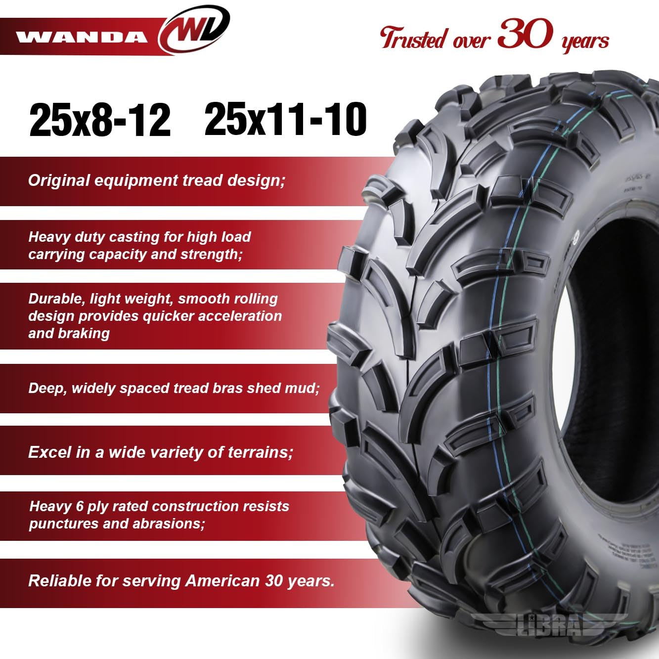 Wanda Utv Atv Tires (2) 25X8-12 Front & (4) 25X11-10 Rear /6Pr P373 Lit Mud 6 Wheelers