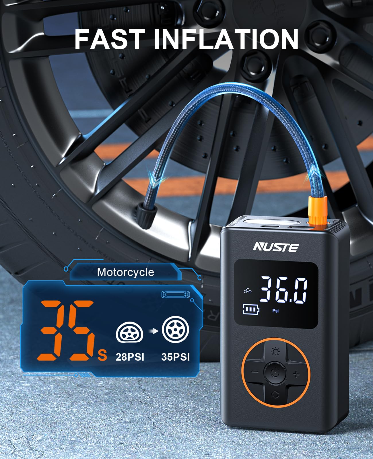 NUSTE Portable Tire Inflator Air Compressor, 150 PSI, Small, Orange, Model CZK-5646, with Dual Screen and LED Light