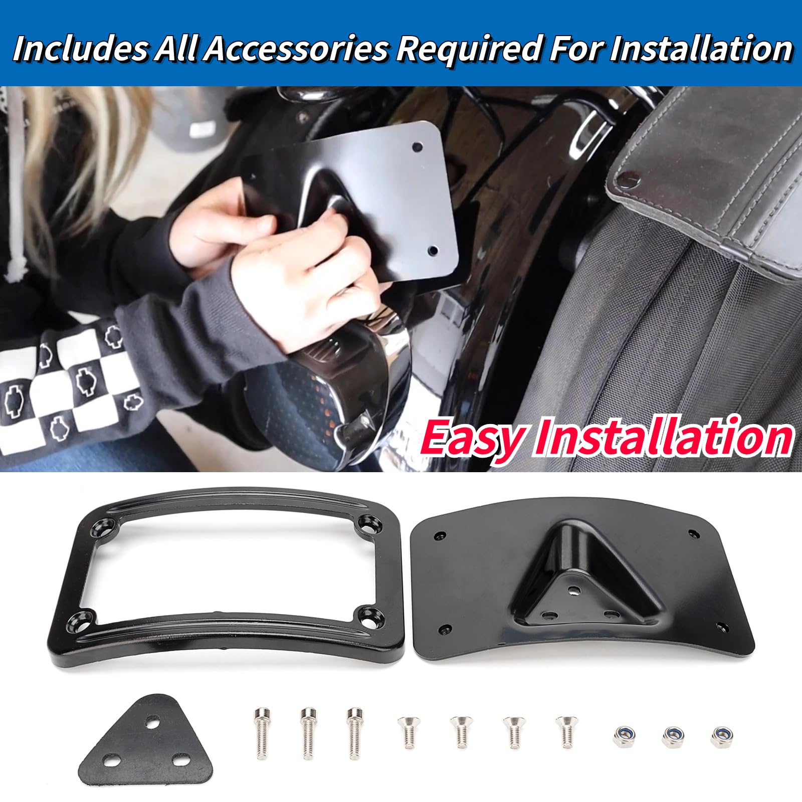 3148 Curved Laydown License Plate Mount with Frame Compatible with Harley Davidson 3 Hole Mount (Black)