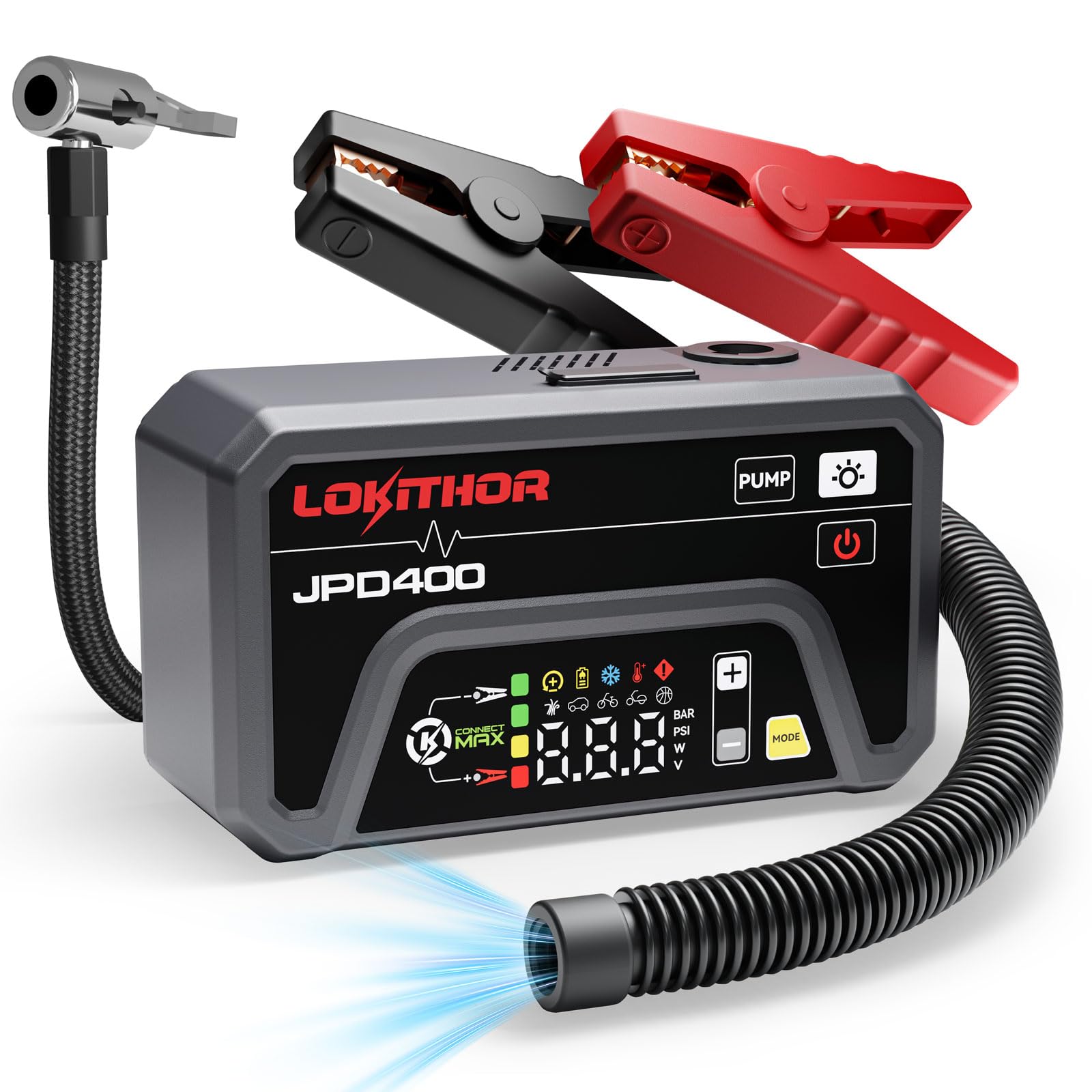 LOKITHOR JPD400 Jump Starter with Air Compressor and Deflator, 3000A Car Battery Jump Starter (9.0L Gas/7.0L Diesel) Jump Box wi