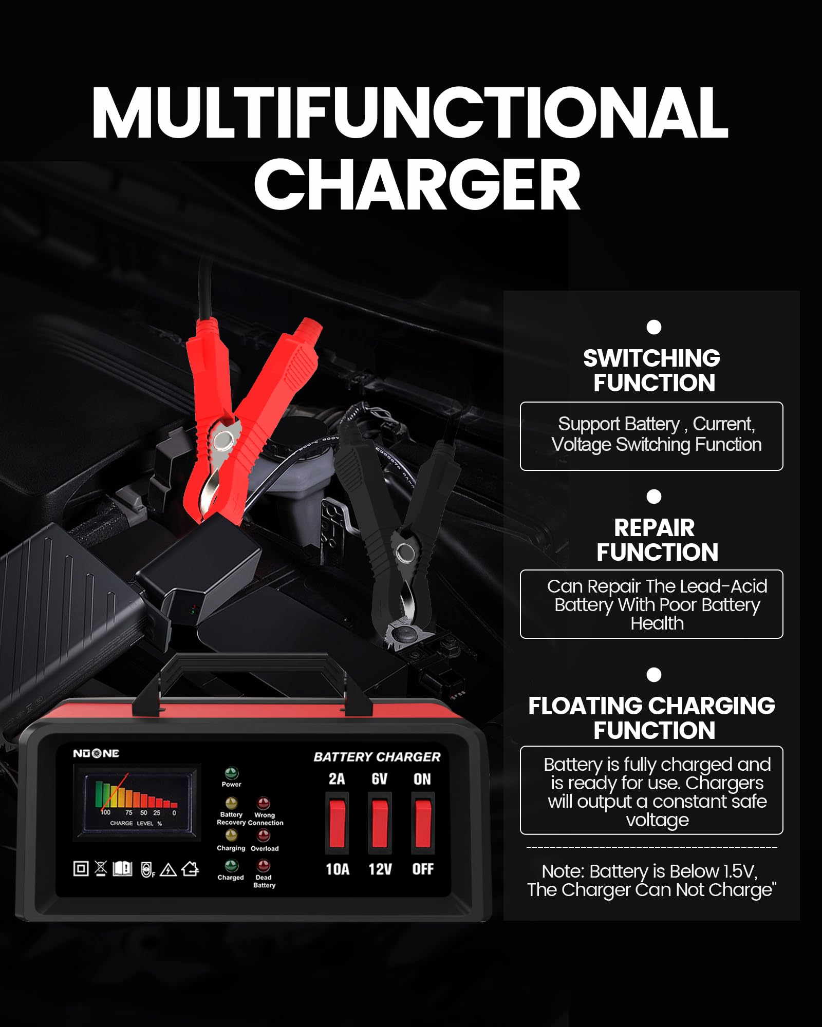 NOONE 2A/10A Car Battery Charger, 6V/12V Battery Charger Automotive, Motorcycle Trickle Charger, Desulfator Float Charger and fo