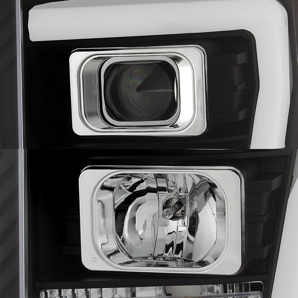 AKKON LED Tube Black Projector Headlights for 2011-2016 Ford Superduty F250 F350 F450 F550 - Halogen Low Beam, Driver+Passenger Pair