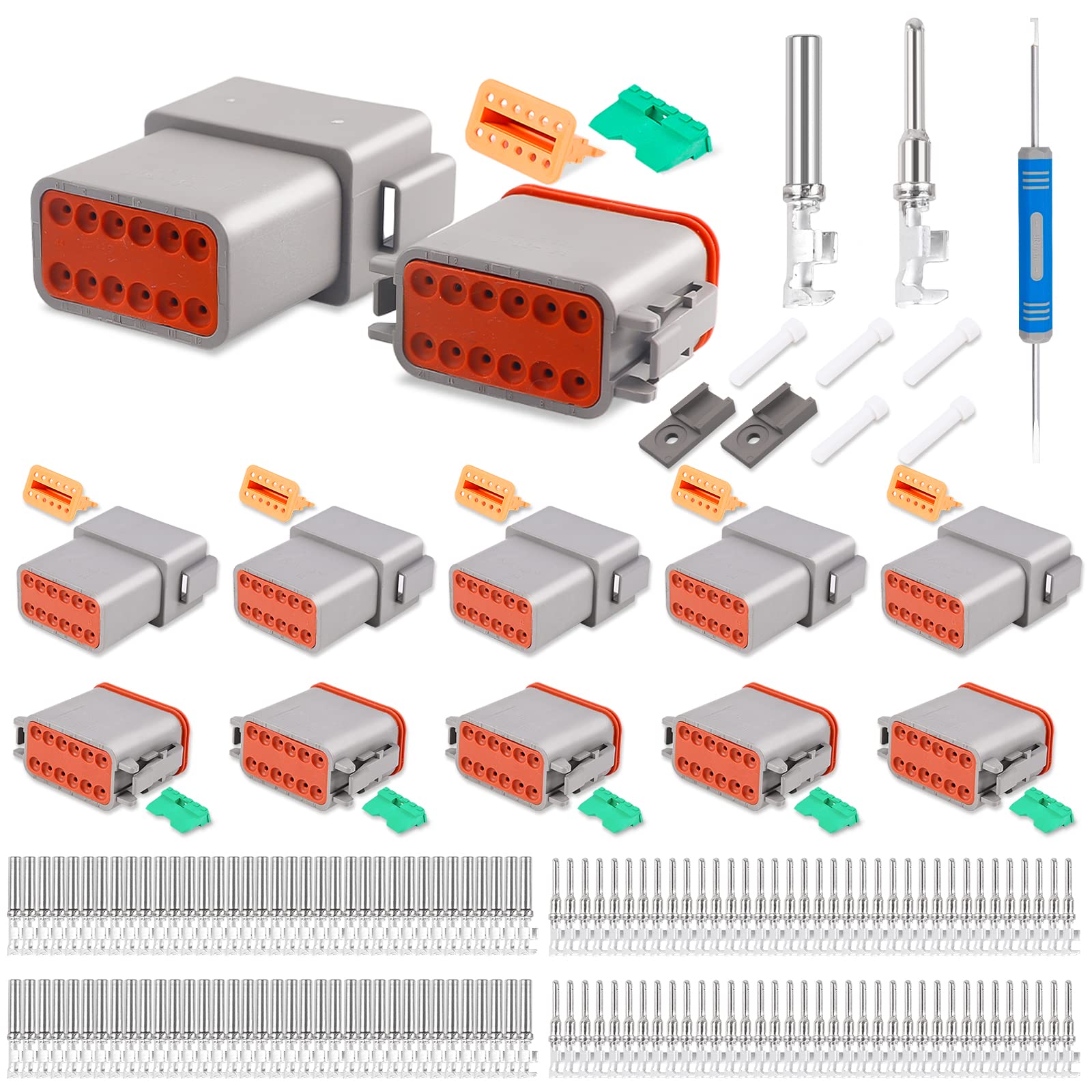 Jrready St6327-12 Deutsch 12 Pin Dt Connector Kit, Gray Waterproof Dt Connectors 12 Pin(5 Set), Size 16 Stamped Contacts For Tru