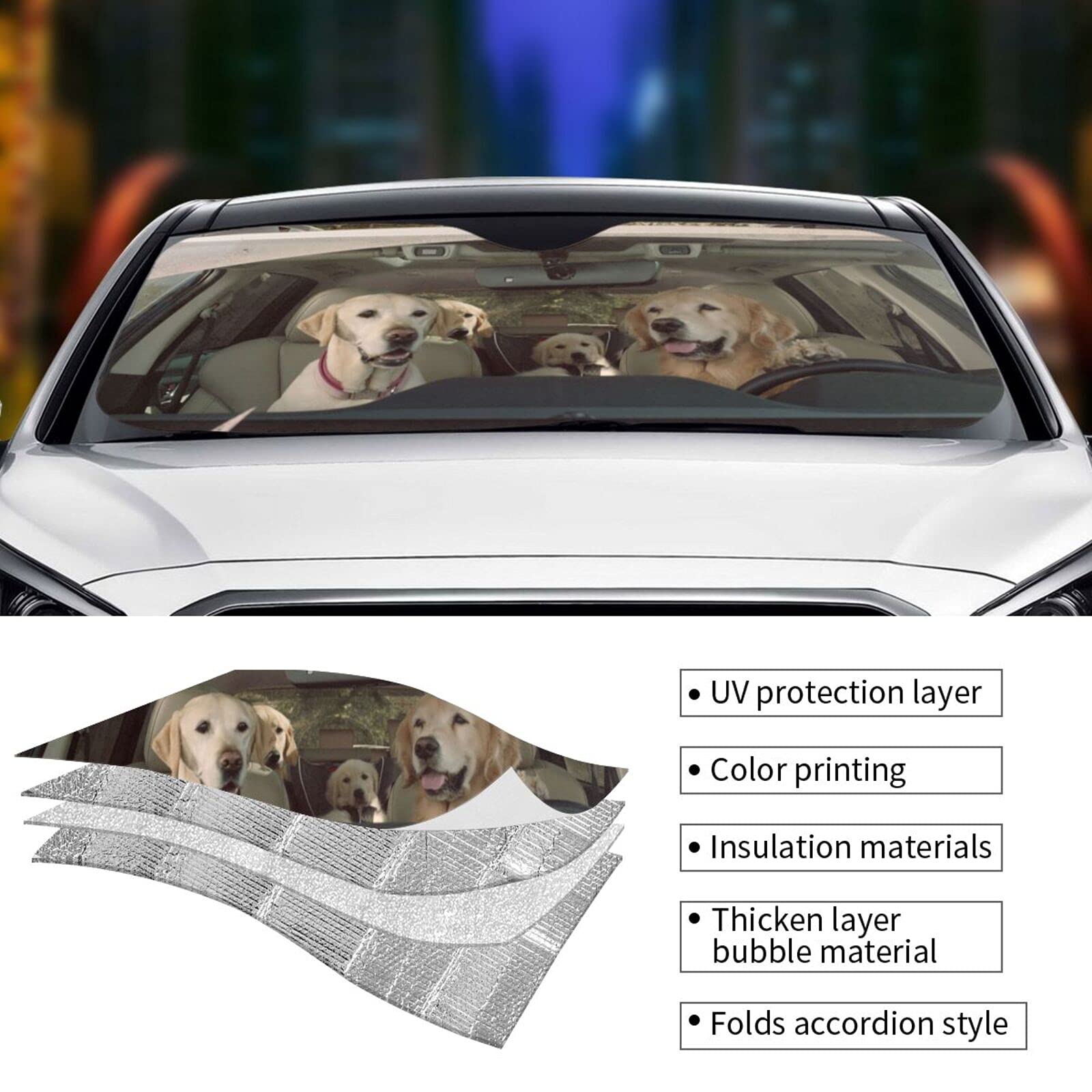 Two Dogs Driving Car Front Windshield Sun Shade,Auto Sunshade For Car Truck Suv - Blocks Uv Rays Sun Visor Protector (51 X 27.5Inch,Upgrade Hardened)