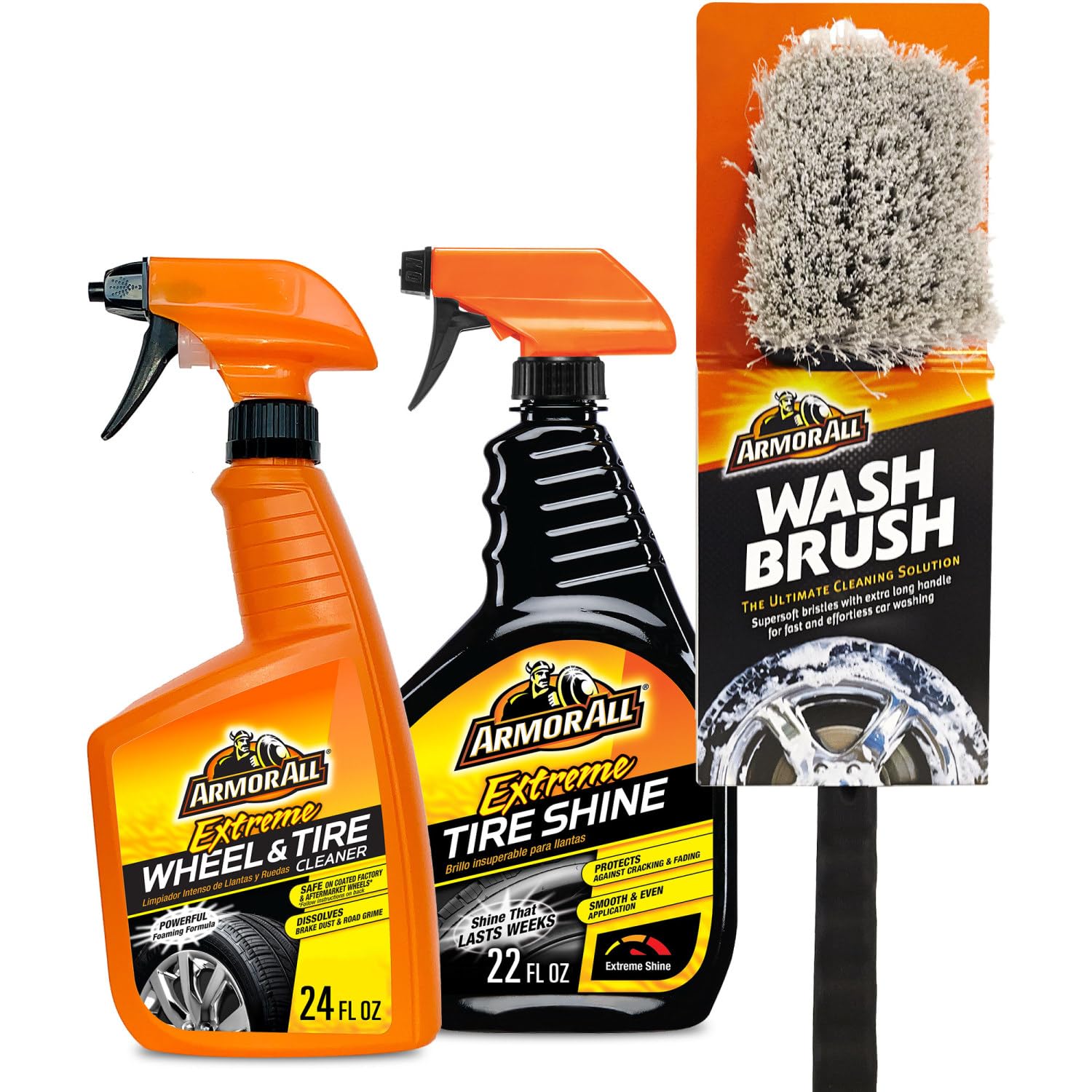 Armor All Wheel Cleaner And Tire Shine Kit, Heavy Duty Car Wheel Cleaner, Extreme Tire Shine Spray And Wash Brush - 3 Count