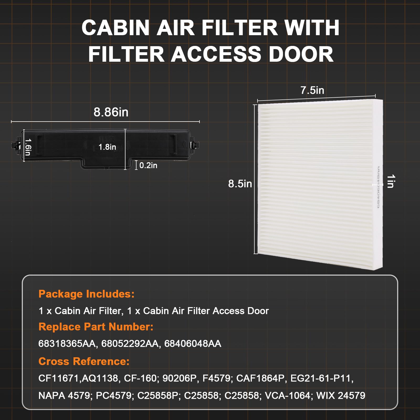 68318365AA Cabin Air Filter Kit for 2016 2017 2018 Ram 1500 2500 3500 Cabin Air Filter Air Conditioning Filter Access Door CF116