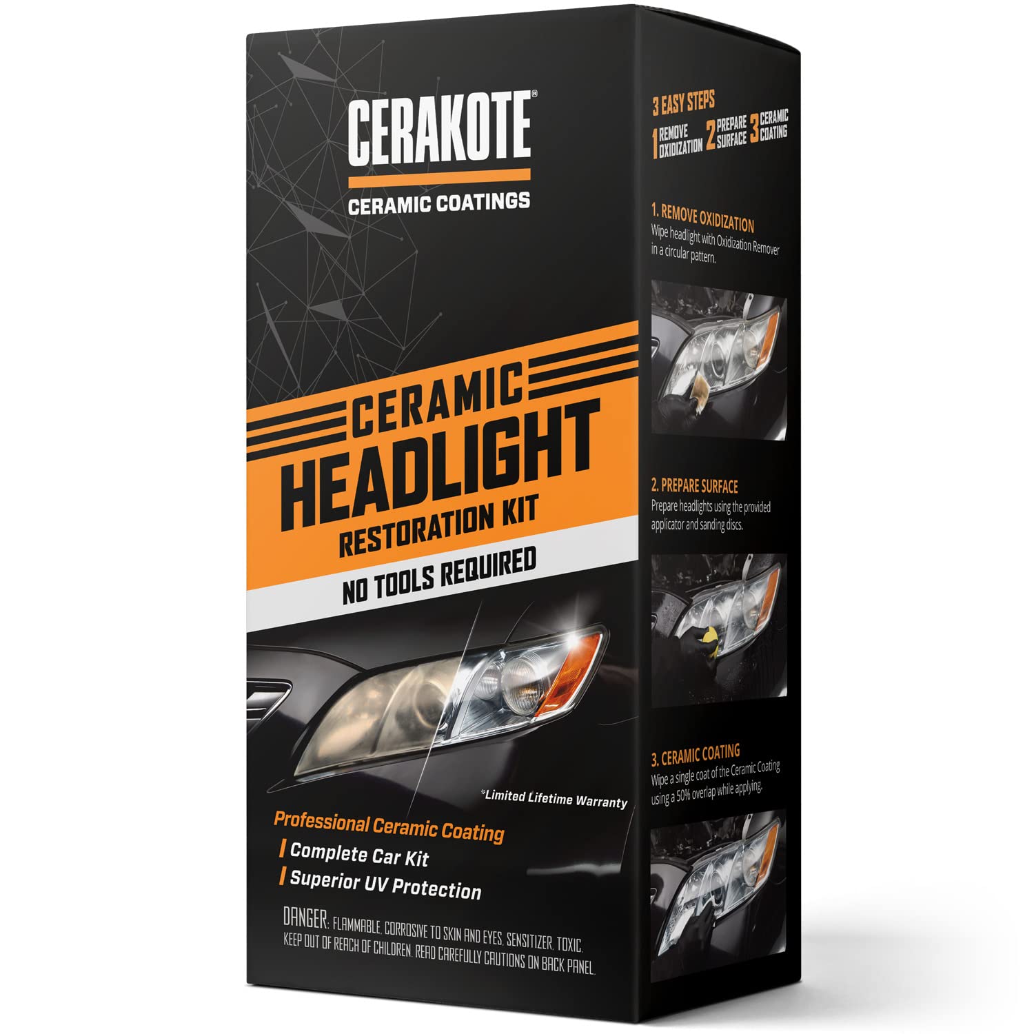 CERAKOTE® Headlight Restoration Kit - 1 Vehicle Kit - Lasts As Long As You Own Your Vehicle - Black - Easy 3-Step Process