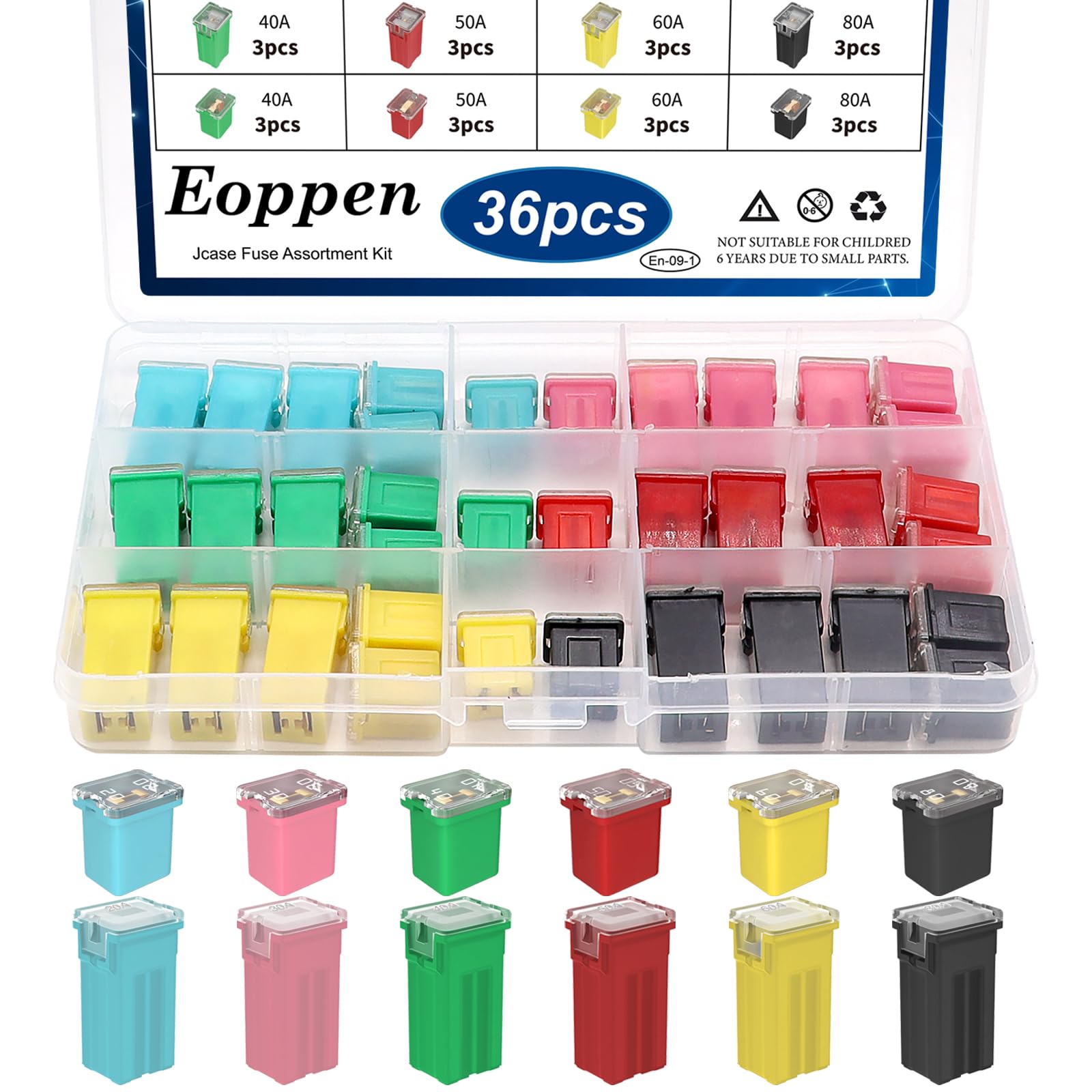 Eoppen 36Pcs Jcase Fuse Car Fuses Assortment Kit Automotive Tall/Standard and Low Profile Jcase Box Shaped Automotive Fuses for 