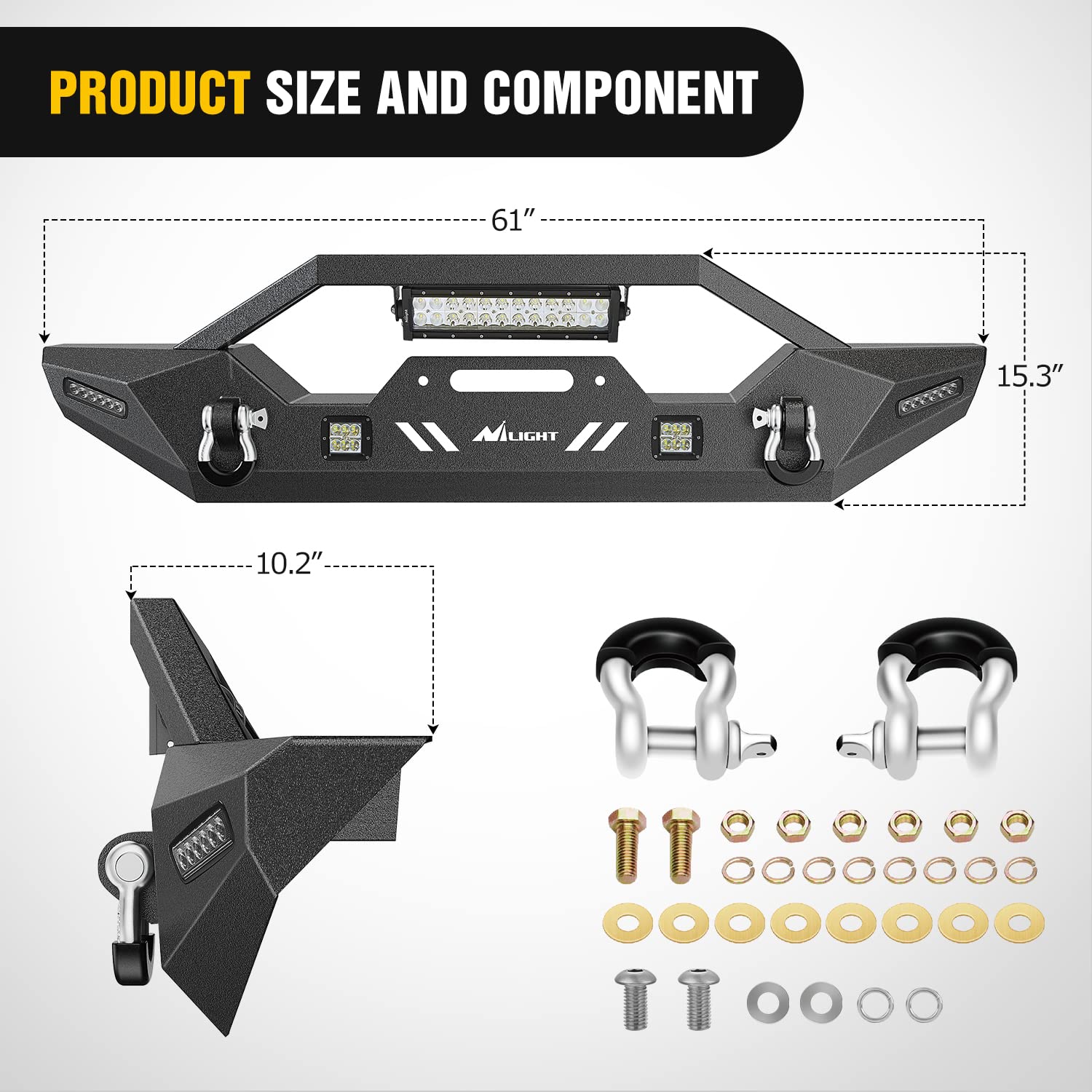Nilight Front Bumper for 2007-2025 Wrangler JK/JL/JT, Alloy Steel, 72W LED Bar, 2x18W Pods, Winch Plate, Color: