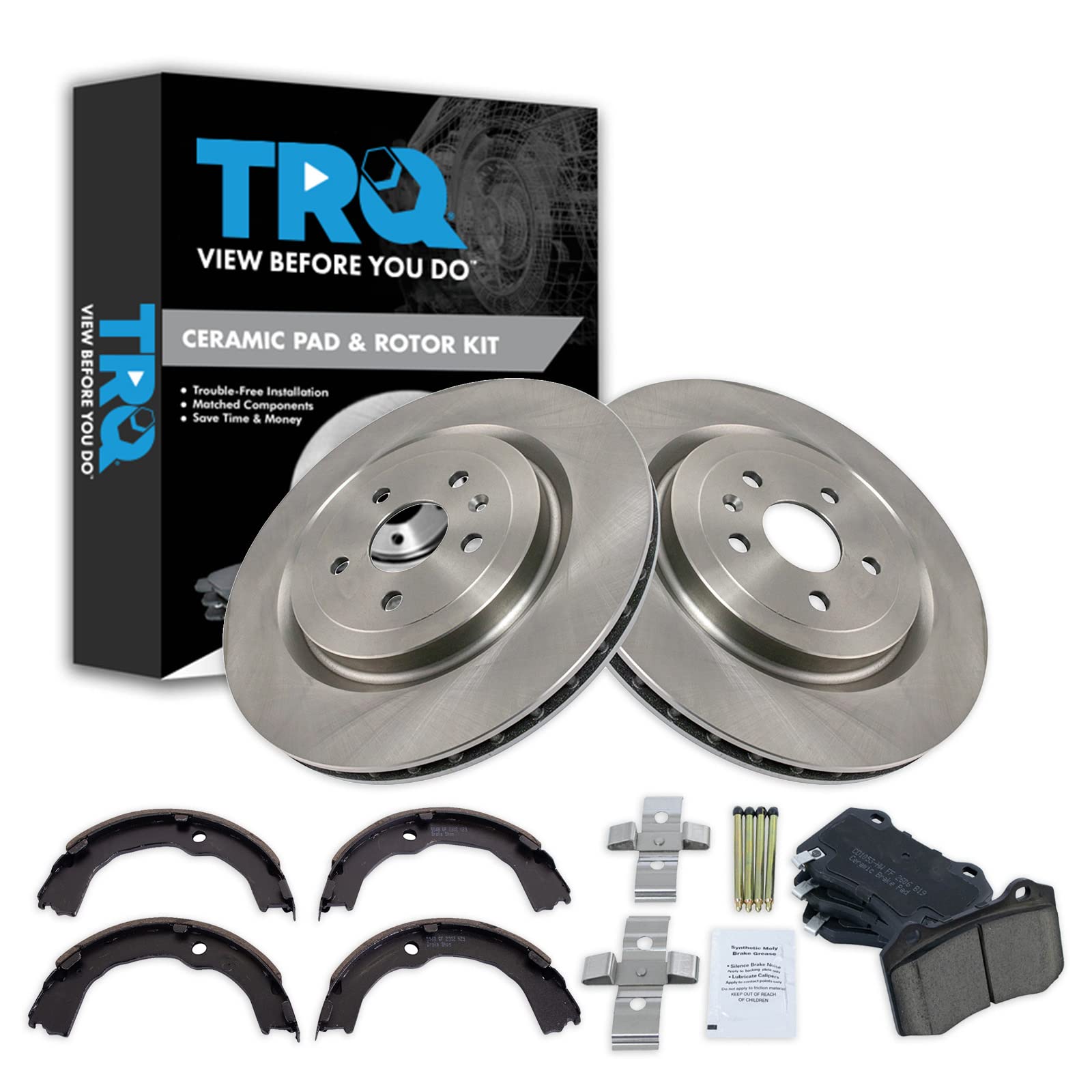 Trq Rear Brake Pad & Rotor Kit Brake Pads Brake Rotor Parking Brake Shoe Set Ceramic Compatible With 2009-2014 Cadillac Cts