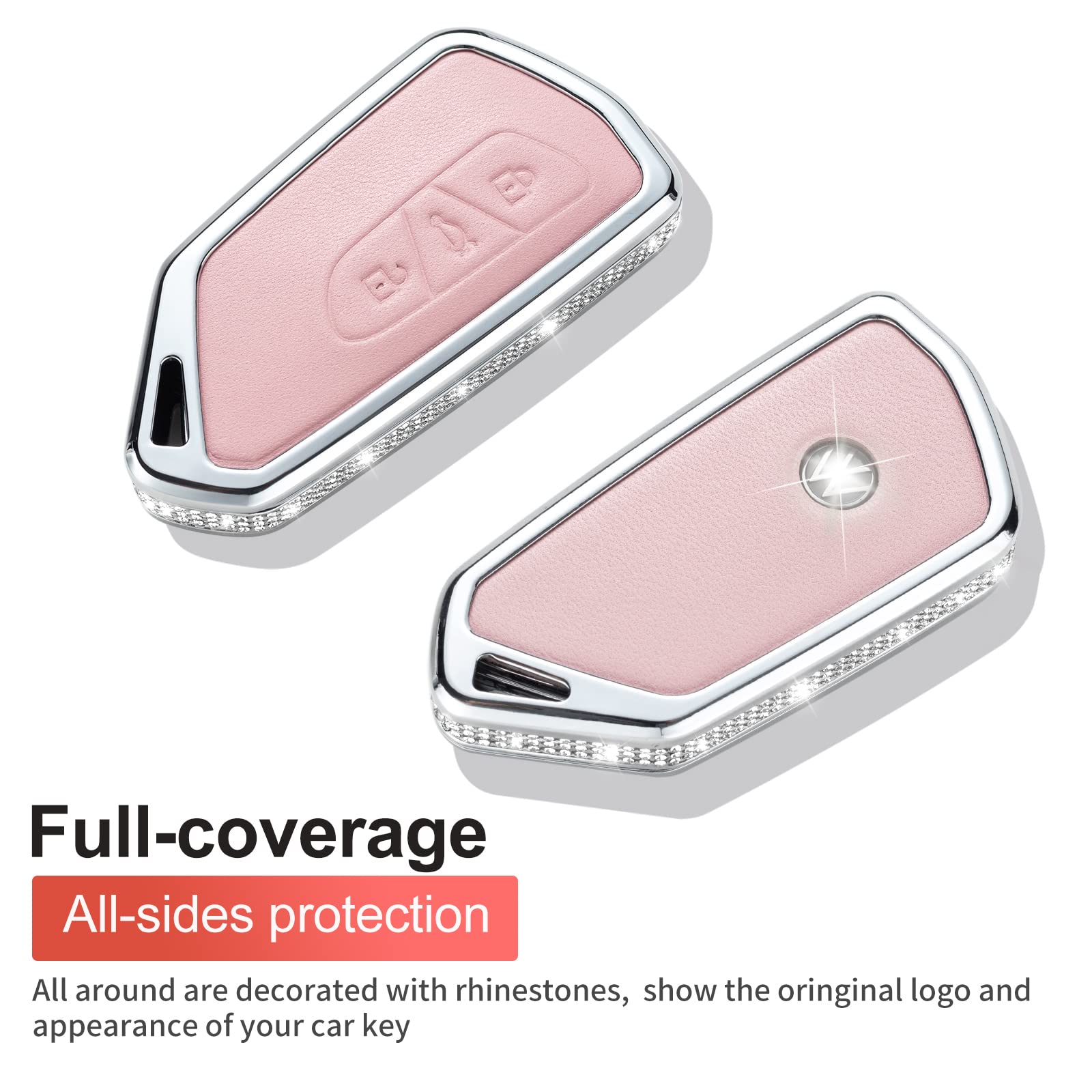 Ruabiban Pink Genuine Leather Crystal Key Fob Cover With Keychain For Vw Id3 Id4 Mk8 Golf 8 Gti Skoda Octavia Keyless Entry Key