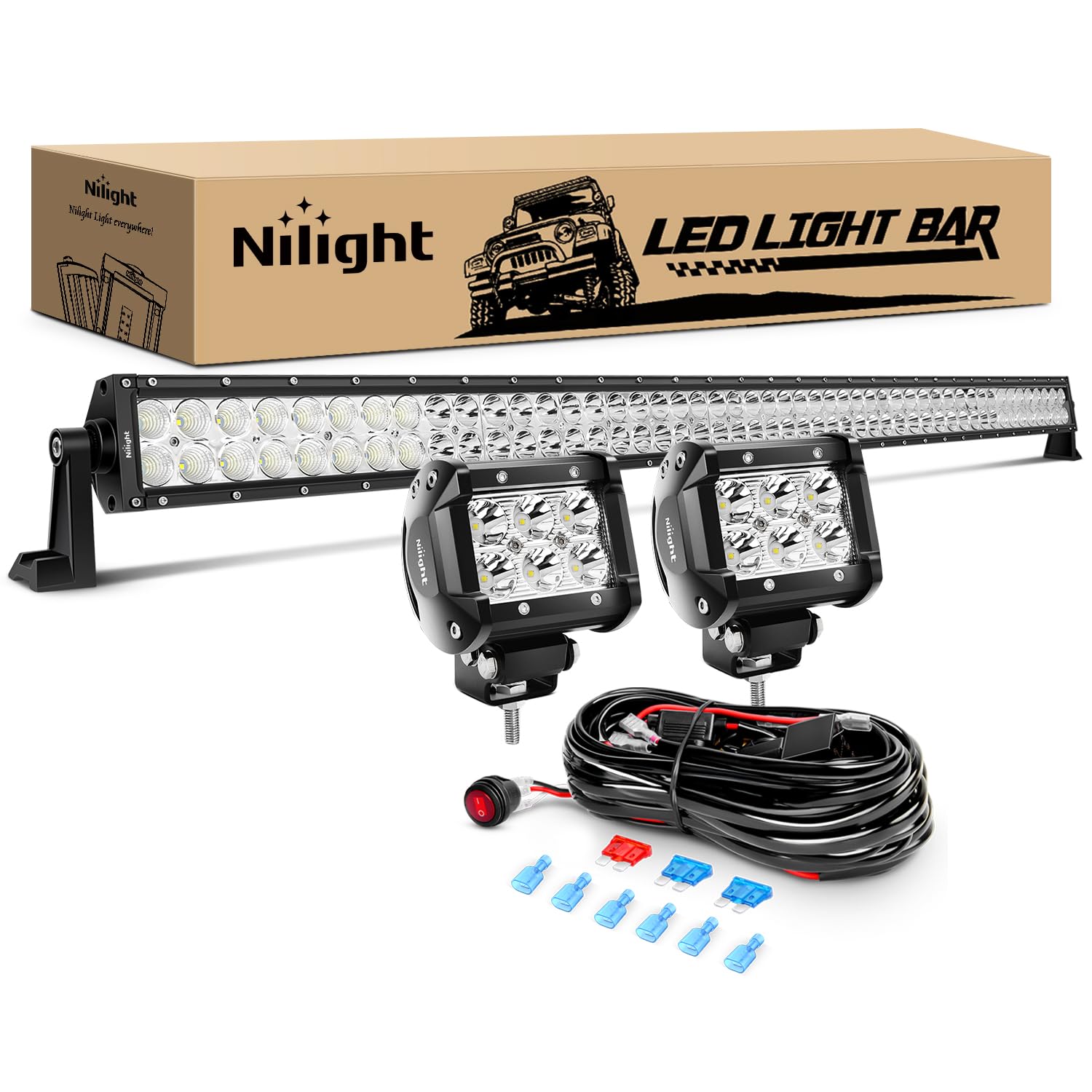 Nilight - Zh023 52Inch Spot Flood Combo Led Light Bar 2Pcs 4Inch 18W Spot Led Fog Lights With Off Road Wiring Harness- 3 Leads,