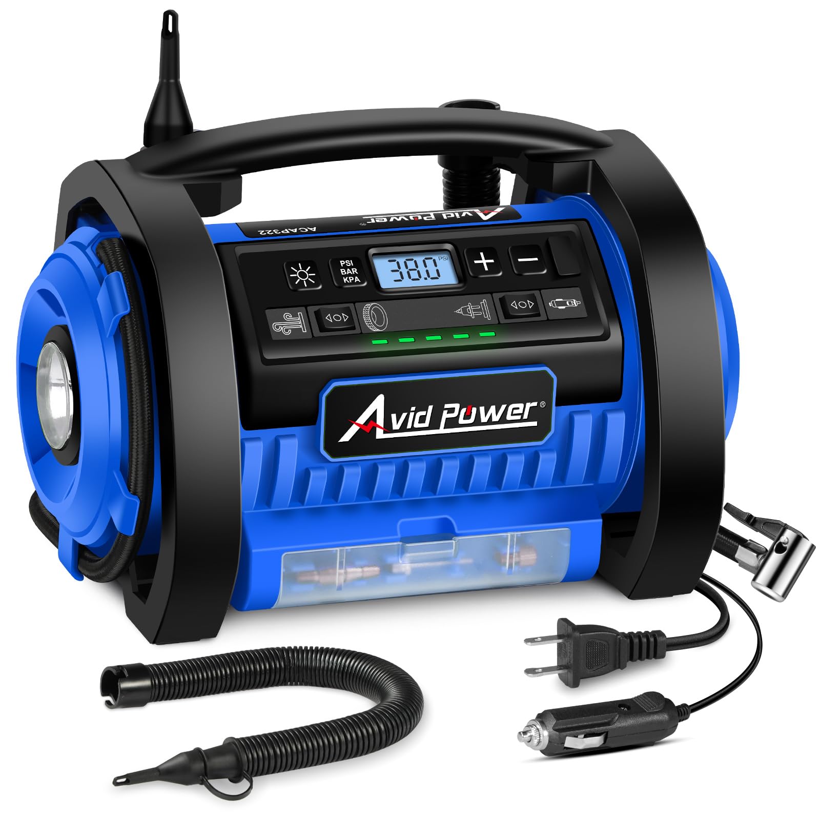 AVID POWER Portable Tire Inflator Air Compressor, 12V DC/120V AC, Dual Motors, Digital Gauge, Model ACAP322B, Blue