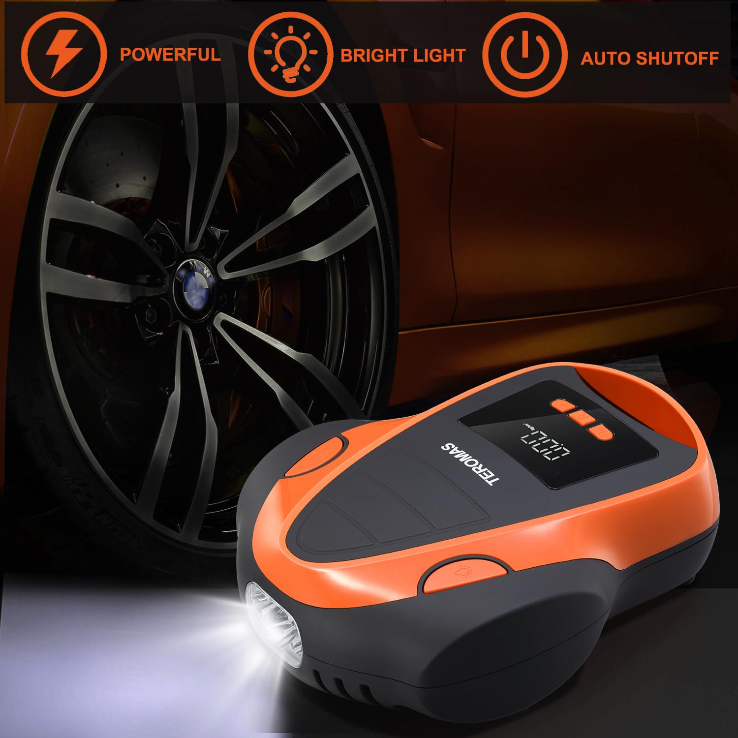 TEROMAS Portable Tire Inflator Air Compressor 12V DC/110V AC, Digital Pump with Pressure Gauge, Orange, Model TMS-3015