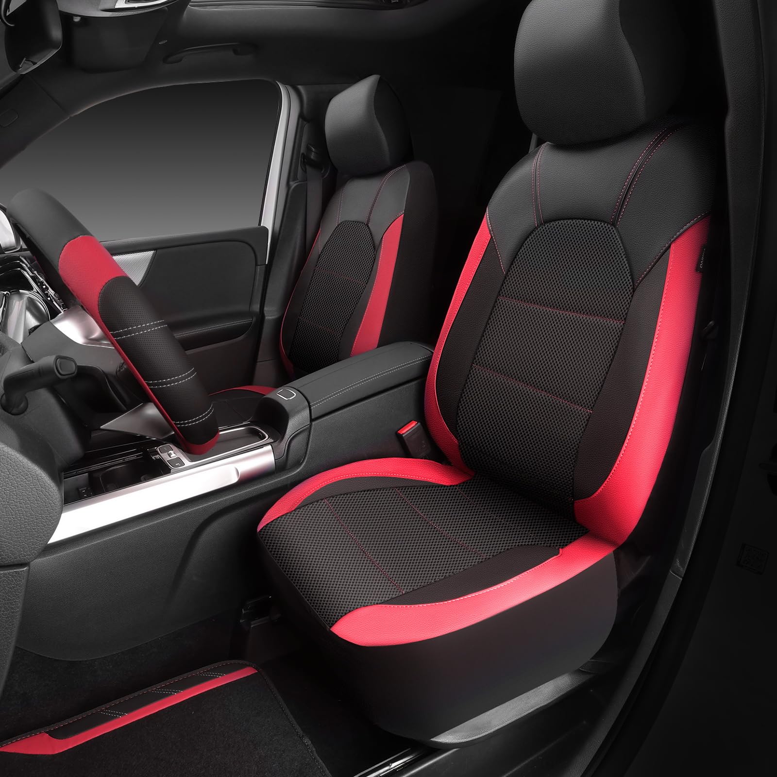 CAR PASS Air Mesh Leather Car Seat Covers & Floor Mats, Waterproof, Universal Fit, Black and Red, Model FX067+JD067+121L2-RDZJ