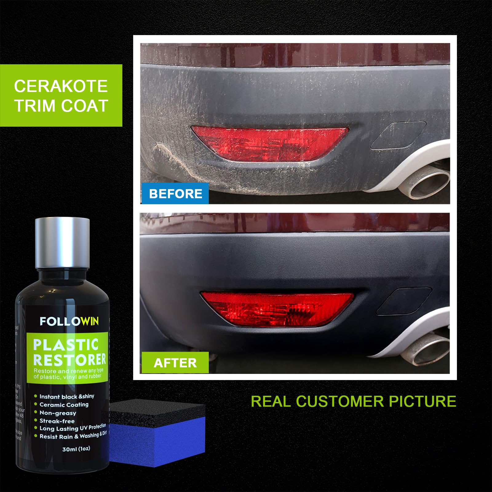 FOLLOWIN Plastic Restorer - Ceramic Coating for Cars, Hydrophobic Trim, 30ml, Clear, Model AU002-01