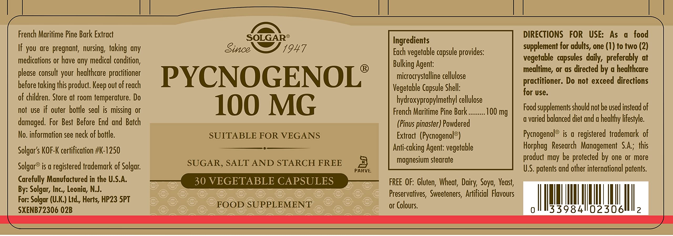 SOLGAR Pycnogenol 100 mg - Antioxidant Support, 30 Vegan Capsules, Non-GMO, Gluten Free, Kosher, Model 30225