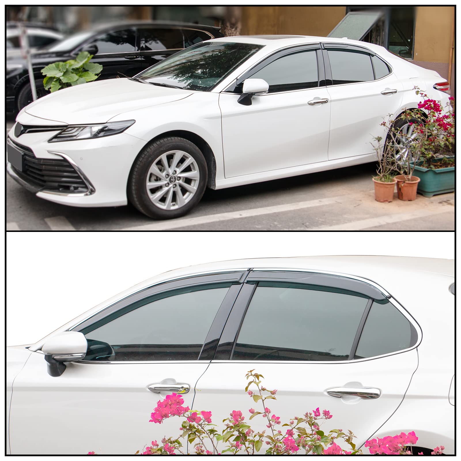 Ikon Motorsports Tape On Window Visors With Chrome Trim, Compatible With 2018-2024 Toyota Camry, Smoke Tinted Acrylic Rain Sun G