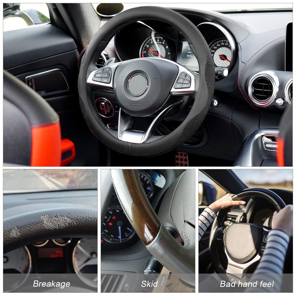 Car Steering Wheel Cover, Microfiber Breathable Ice Silk Leather Steering Wheel Cover Soft Anti-Slip Safety, 15Inch Four Season