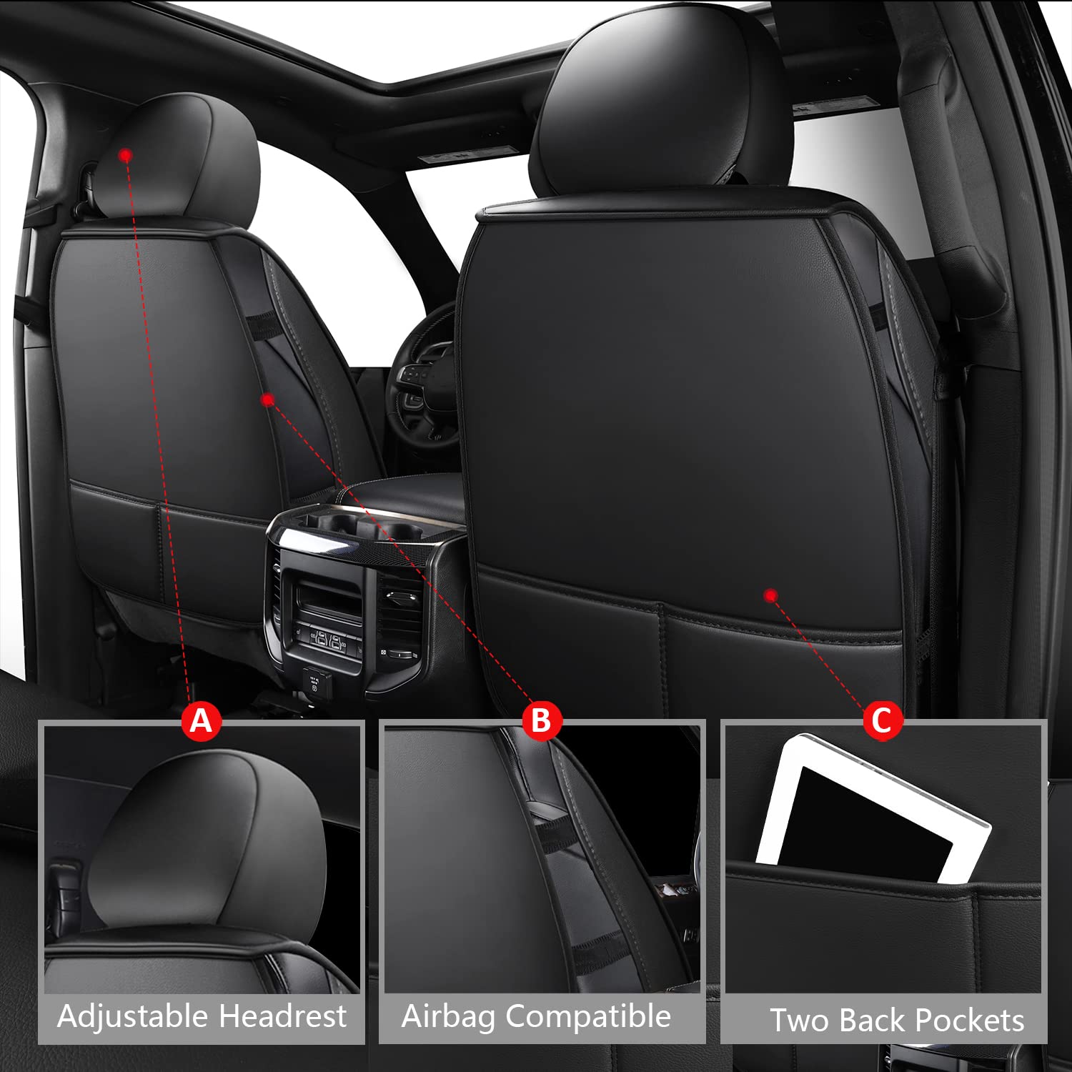 MIROZO Dodge Ram Seat Covers Full Set, Waterproof Leather, Black and Red, Fit 2009-2025 Ram 1500 2500 3500, Model 175204