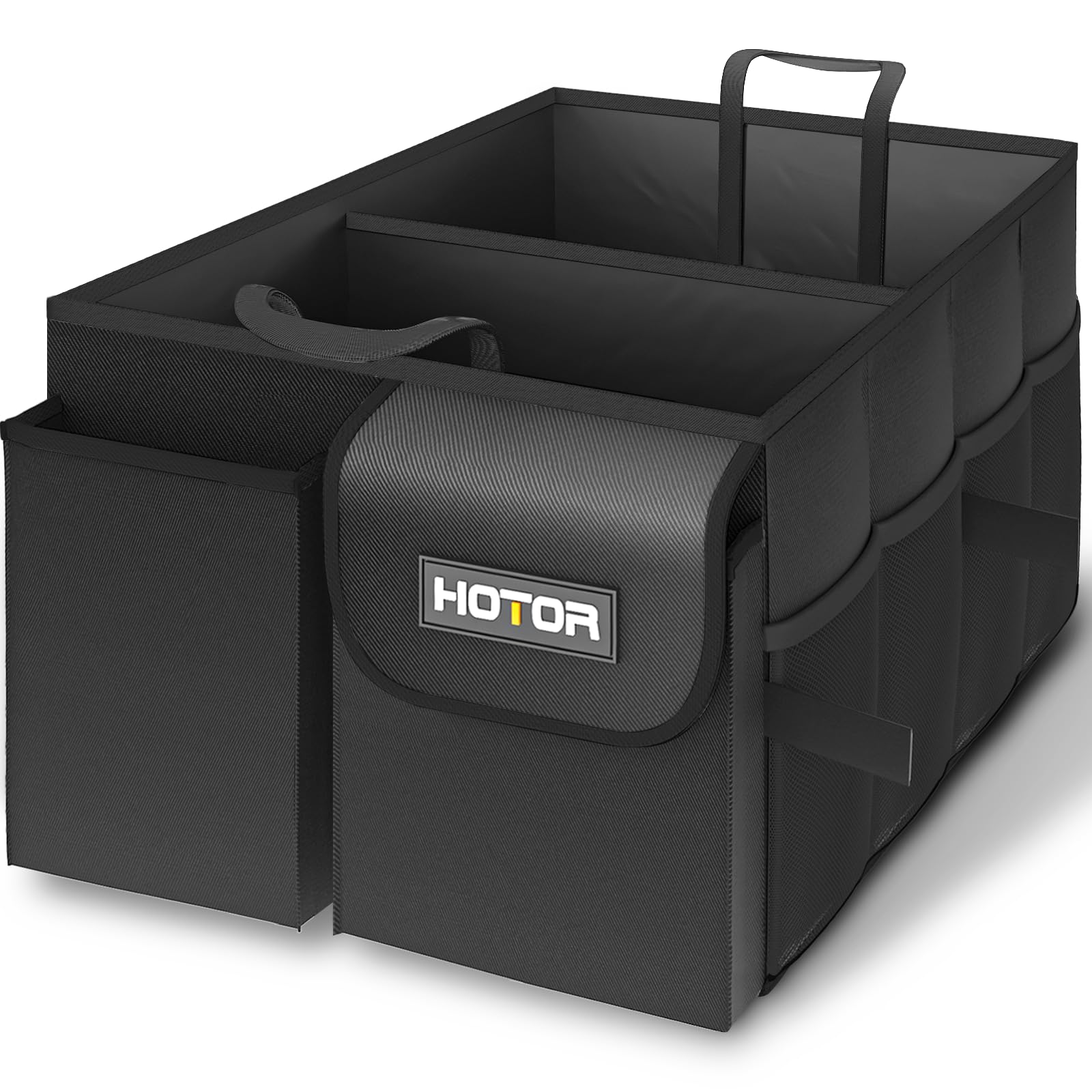 HOTOR Trunk Organizer - Foldable Car Storage, 2 Compartments, Oxford Cloth, 21.3"×12.6"×10.6", Black, Model US11032