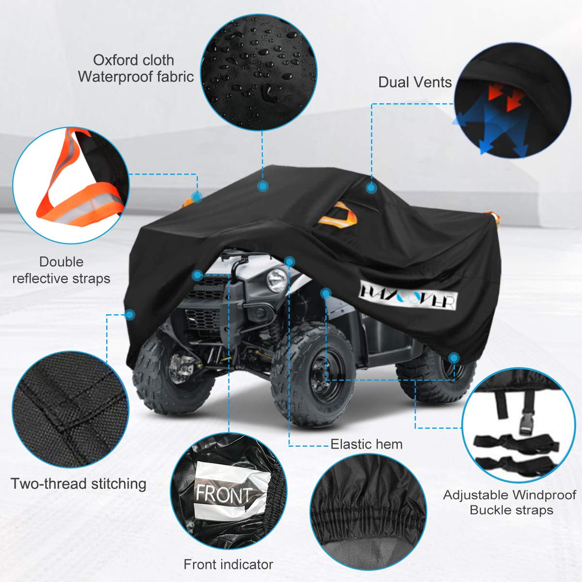 ATV Cover, Waterproof for Polaris Sportsman Yamaha Grizzly Honda FourTrax Kawasaki KFX Wheel Car with Air Vents Reflective Strip