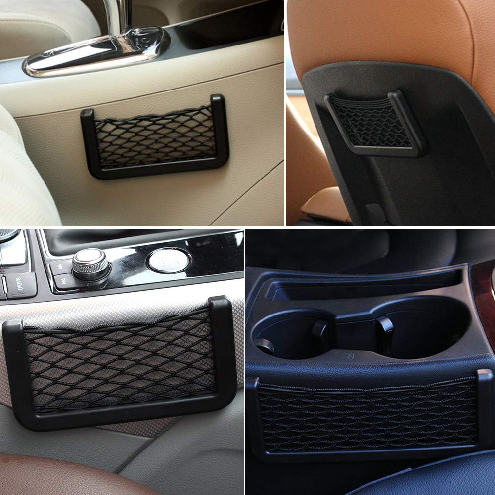 2Pcs Black Storage Network Mesh Bag, Car Trunk String Bag Storage Net Pocket, Nylon Elastic Nets Sticky Bag Holder Organizer For Phones,Charge, Cigarettes, 20 × 8.5Cm