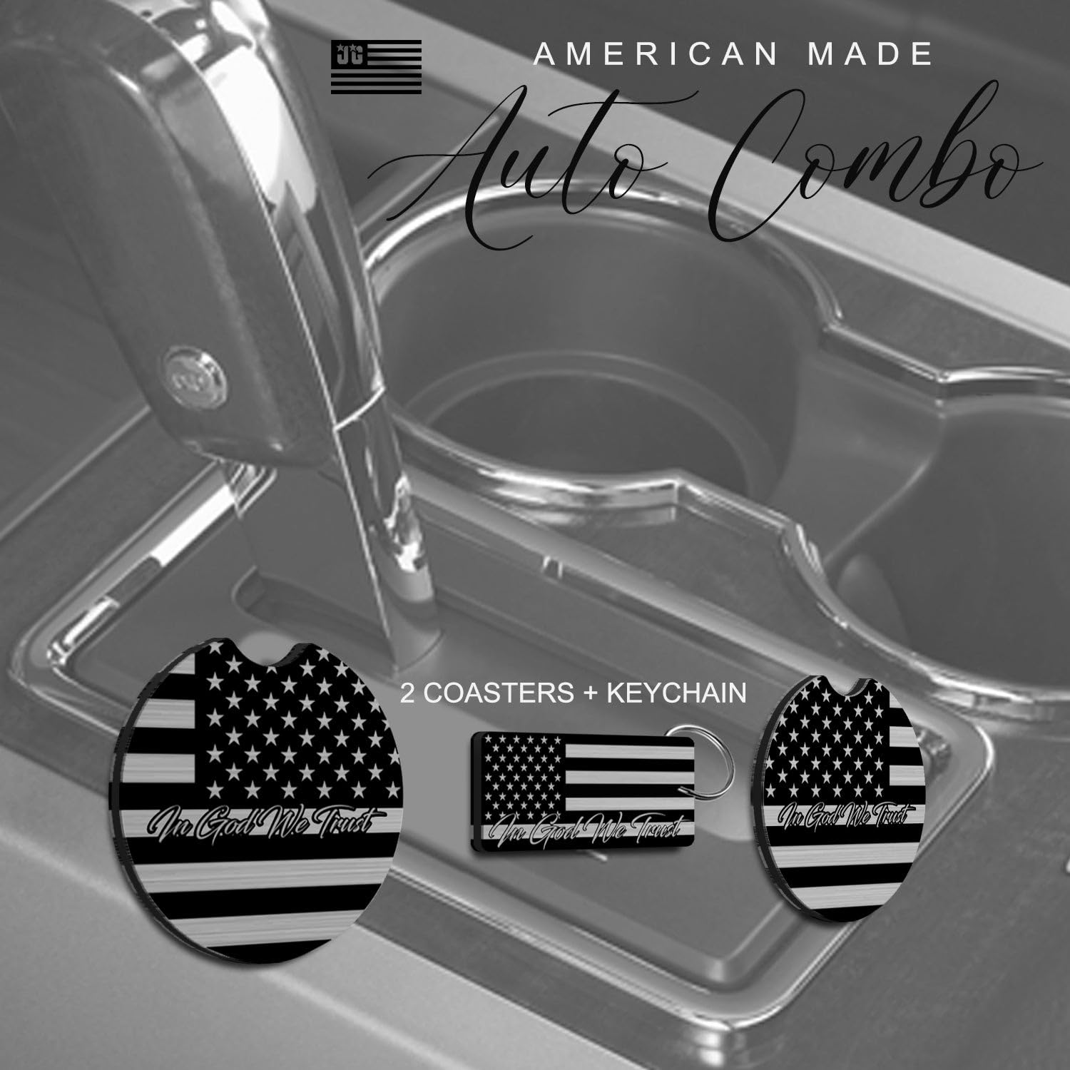 American Flag In God We Trust License Plate Frame + Coasters + Keychain - Perfect For God And Country Lovers - Tactical Patriot