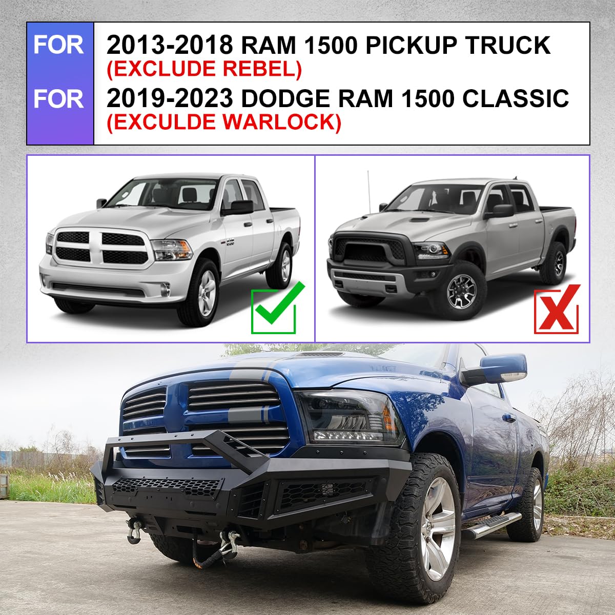 Wolfstorm Front Bumper For 2013-2018 Dodge Ram 1500 Pickup Truck 2019-2023 Ram 1500 Classic(Exculding Warlock) Mid-Width Front Bumper+Side Wing+Bull Bar