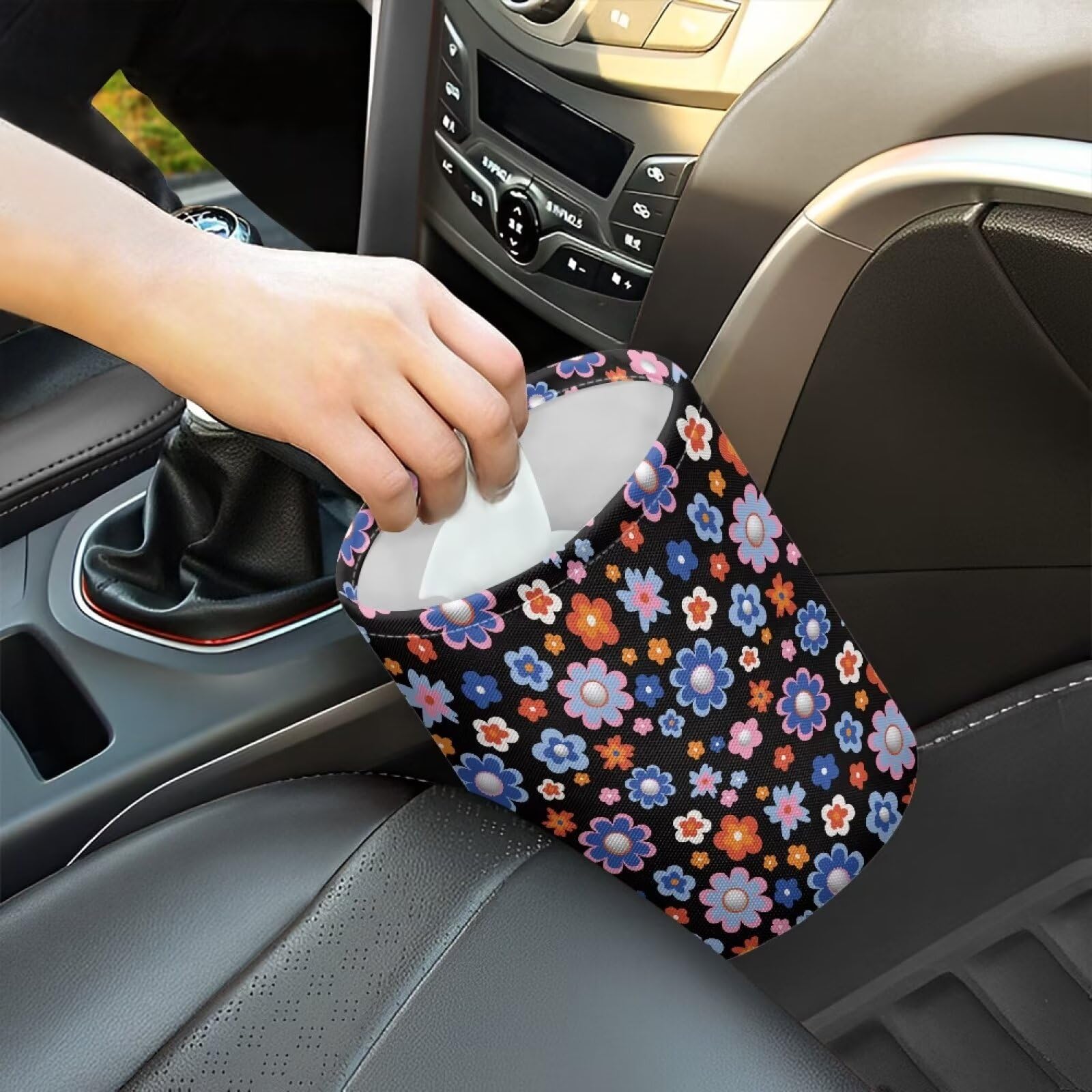 Brosoneto Groovy Hippie Flower Collapsible Trash Can for Cars, Family Gatherings, Camping - Easy to Clean Car Garbage Accessory