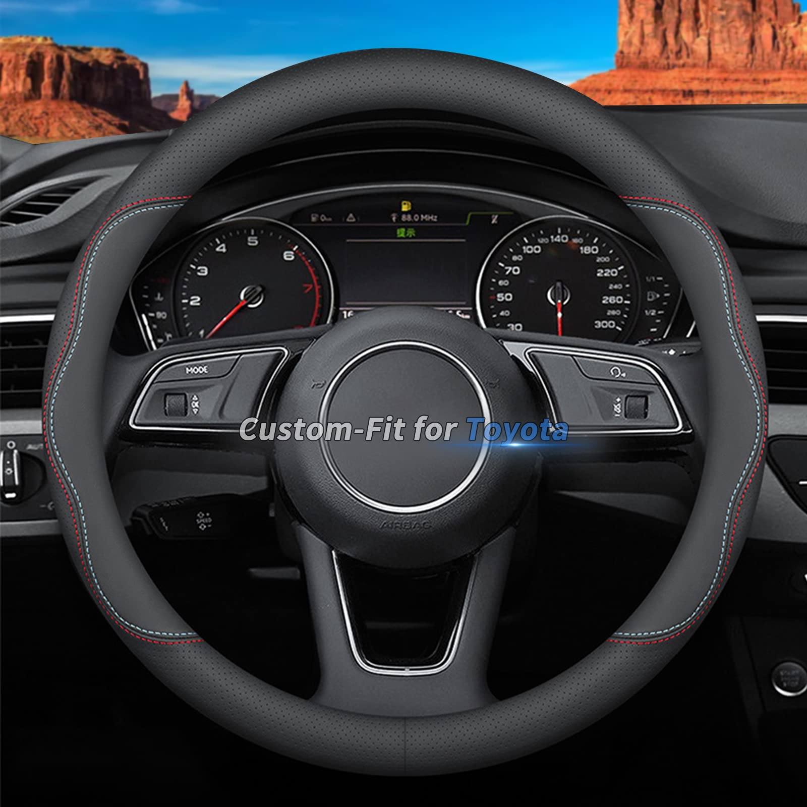 Deer Route Custom-Fit For Toyota Steering Wheel Cover, Premium Leather Car With Logo, Non-Slip, Breathable, Accessories (A-Style