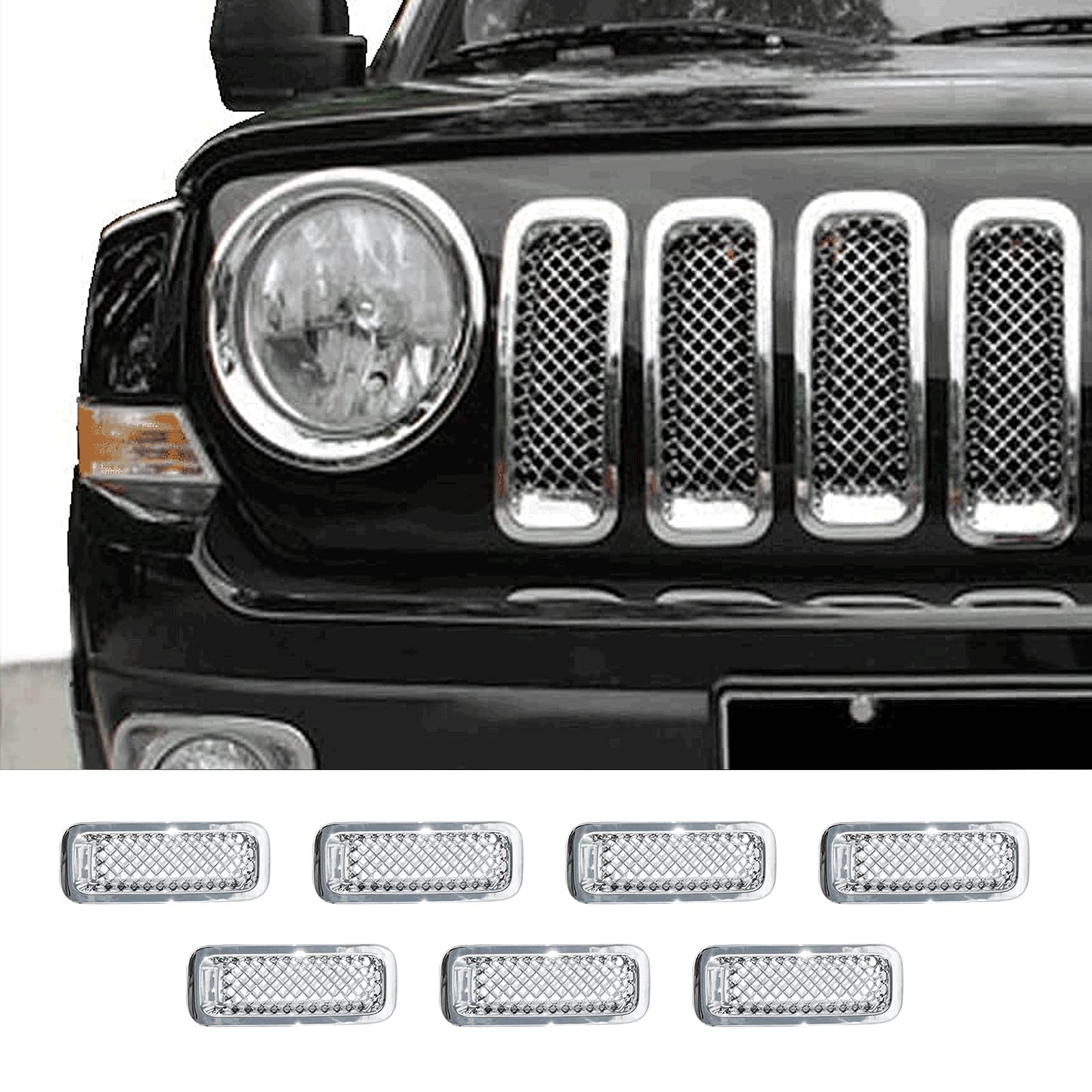 Sqqp Front Grille Grill Mesh Insert Decoration Trim Cover Compatible With 2011-2016 Jeep Patriot, Abs Chrome 7Pcs