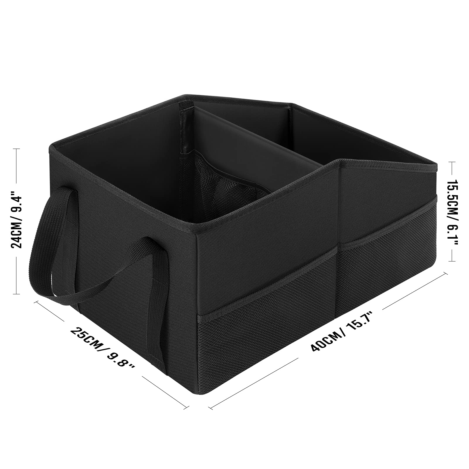INFIVITA Car Organizer - Black Oxford Cloth Caddy with Dividers, Handles, and Mesh Pockets for Front and Back Seat or Floor