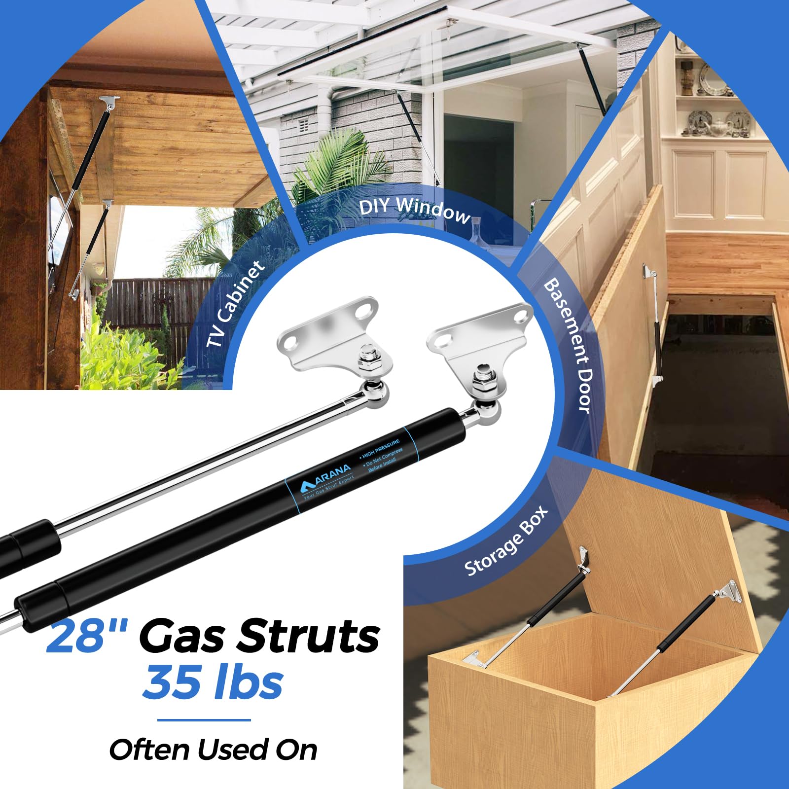 Arana Gas Struts 28 Inch 35Lb/156N Gas Shock Springs With Mounting Brackets, 28'' Lift Support For Bench Lid Tv Cabinet Custom W
