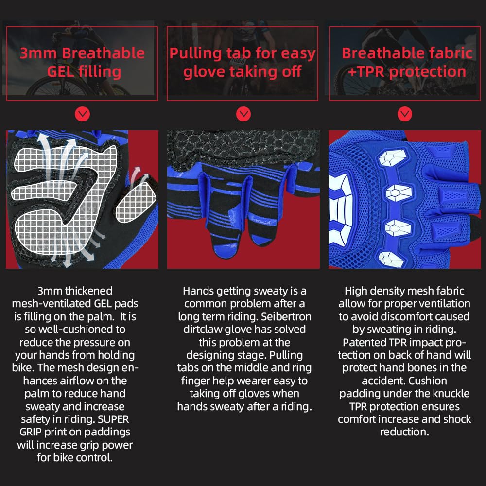 Seibertron Adult Dirtclaw Gloves - Motorcycle Motocross Sports Gloves For Ultimate Grip And Protection Blue S