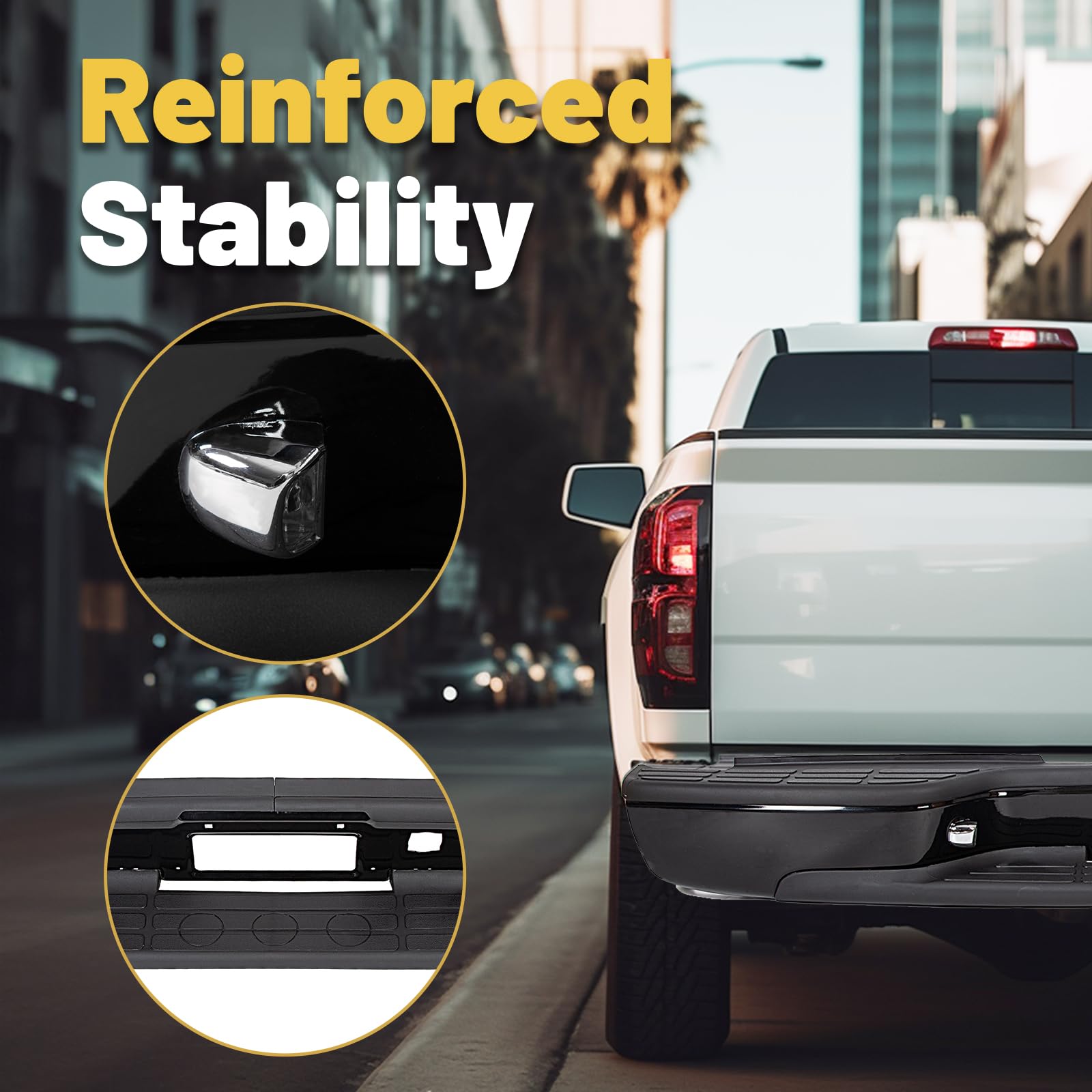 ECOTRIC Rear Step Bumper for 1999-2007 Chevy Silverado/GMC Sierra, Black ABS, License Plate Lights, Model VC-LYAM-273S-2