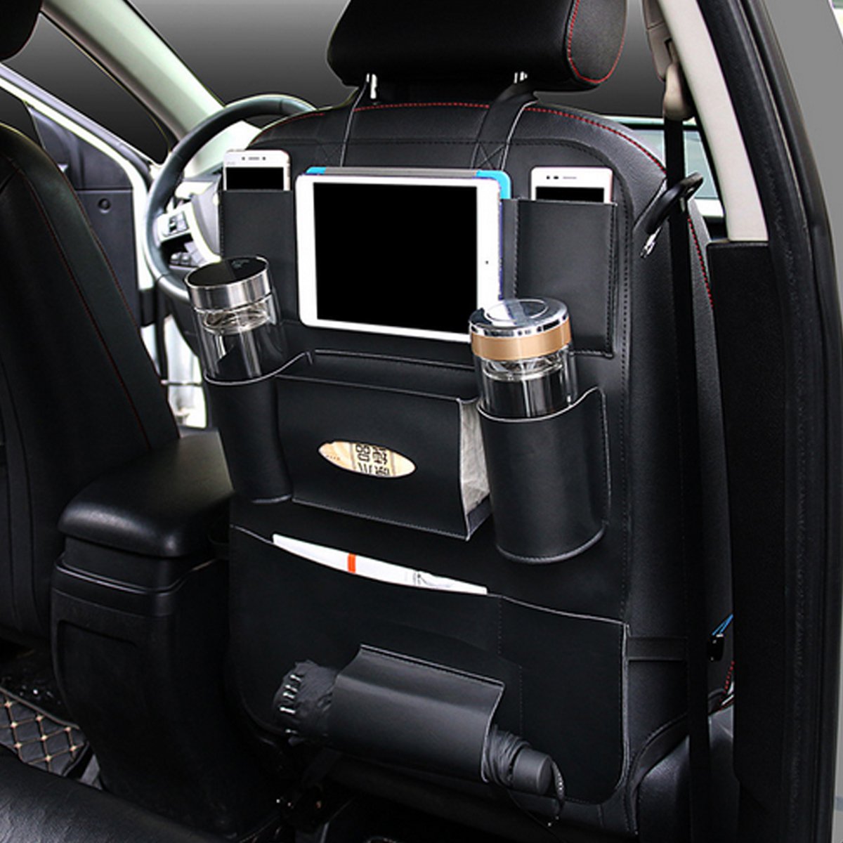 Spedy MultiFunctional Pu Leather Car Back Seat Storage Bag Multi Pocket Phone Cup Holder Organizer  Black