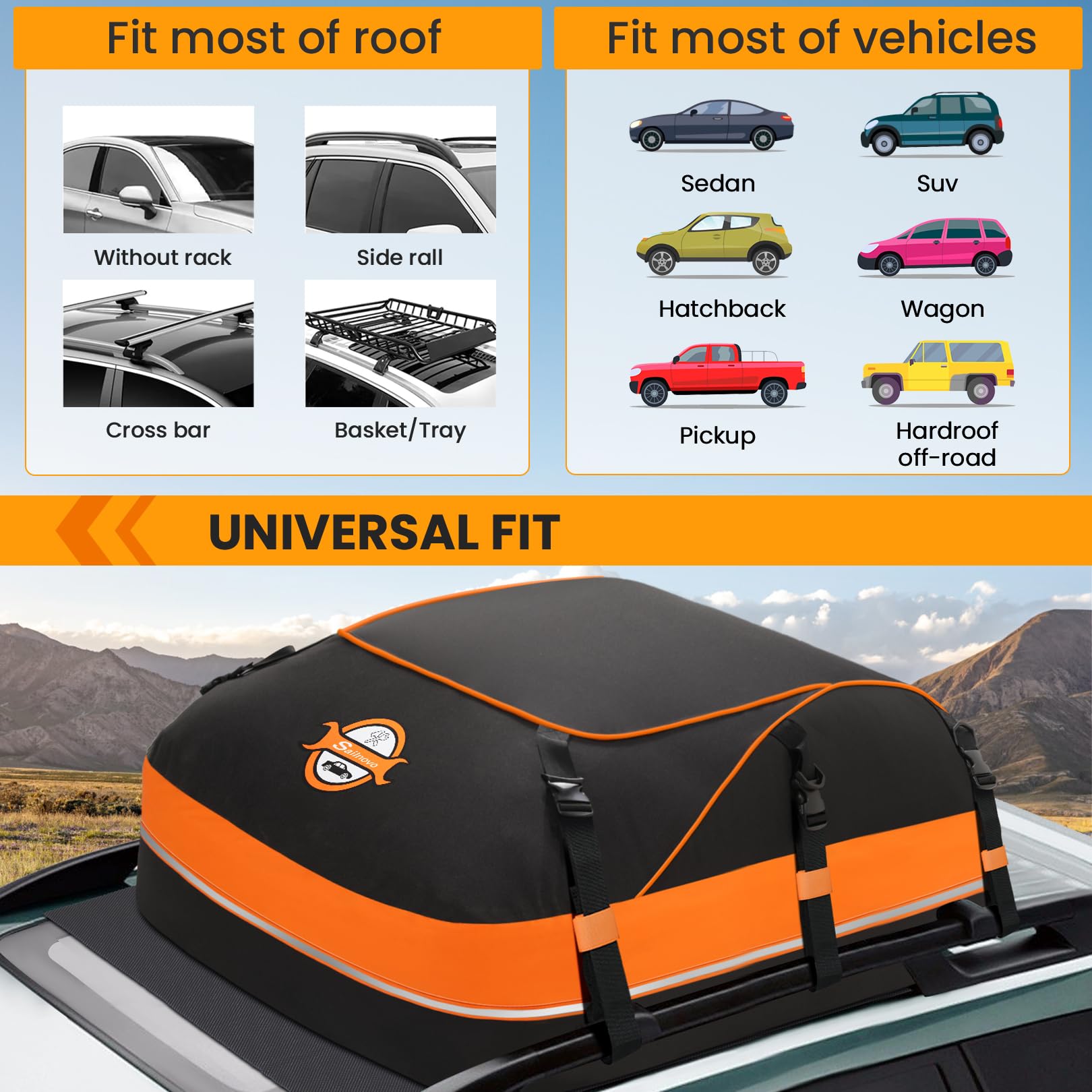 Sailnovo Rooftop Cargo Carrier Bag, Waterproof, 20 Cubic Feet, Oxford Fabric, Includes Anti-Slip Mat & Door Hooks