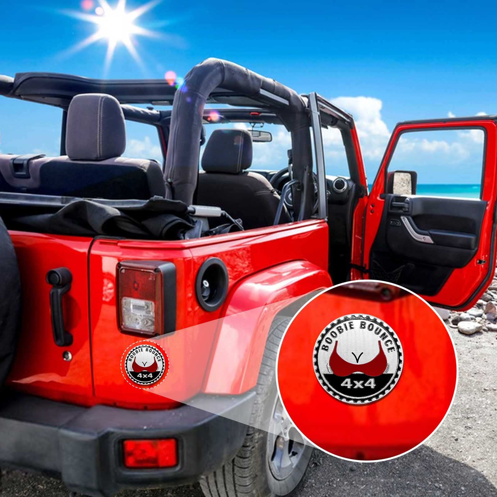 Gowxs 3D Metal Car Badge - Booble Bounce Zinc Emblem for Jeep Wrangler, Trucks, SUVs, 4 x 4 Round Decal