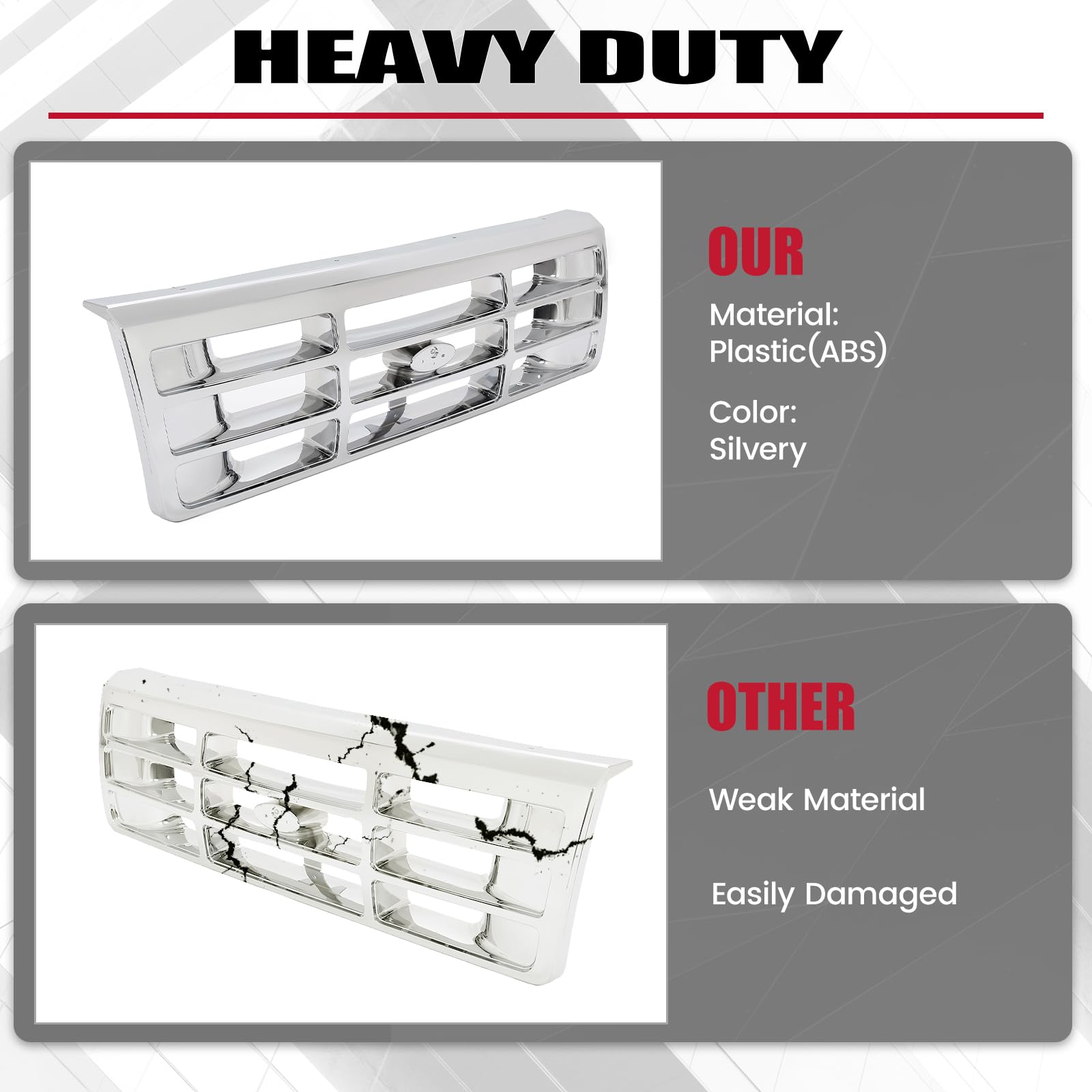 HECASA Front Grille Grill for 1992-1997 Ford Bronco/F-150/F-250/F-350, Chrome Silvery, Model CB-2017, Durable ABS Material