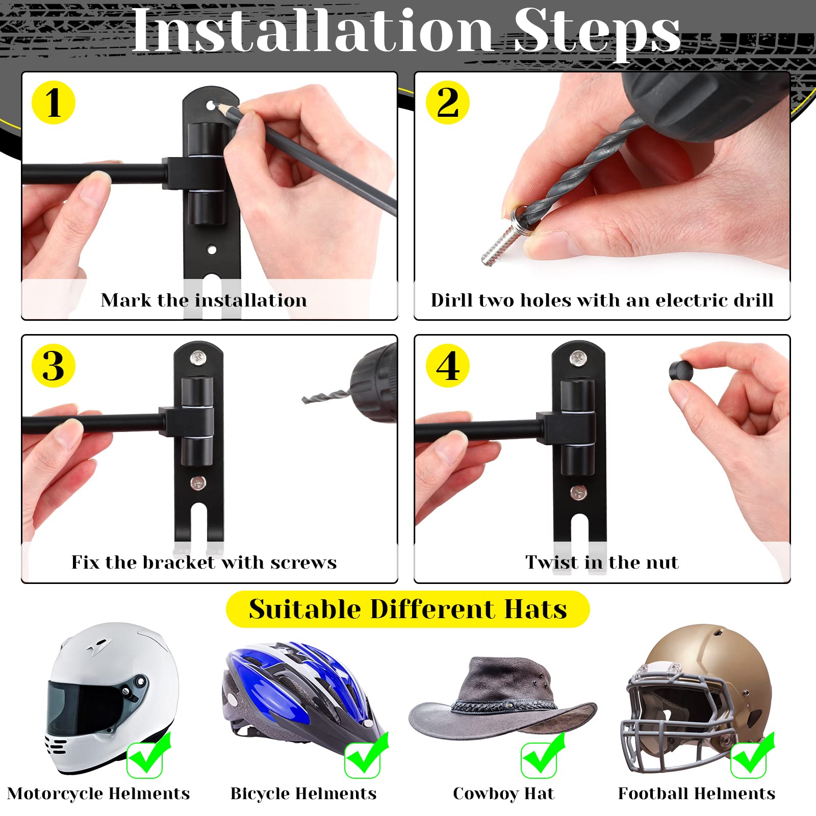 Motorcycle Helmet Racks Wall Mount Bike Helmet Holder with 2 Metal Hooks for Motorcycle Bike Coat Jacket Cap Wig Key(3 Pack)