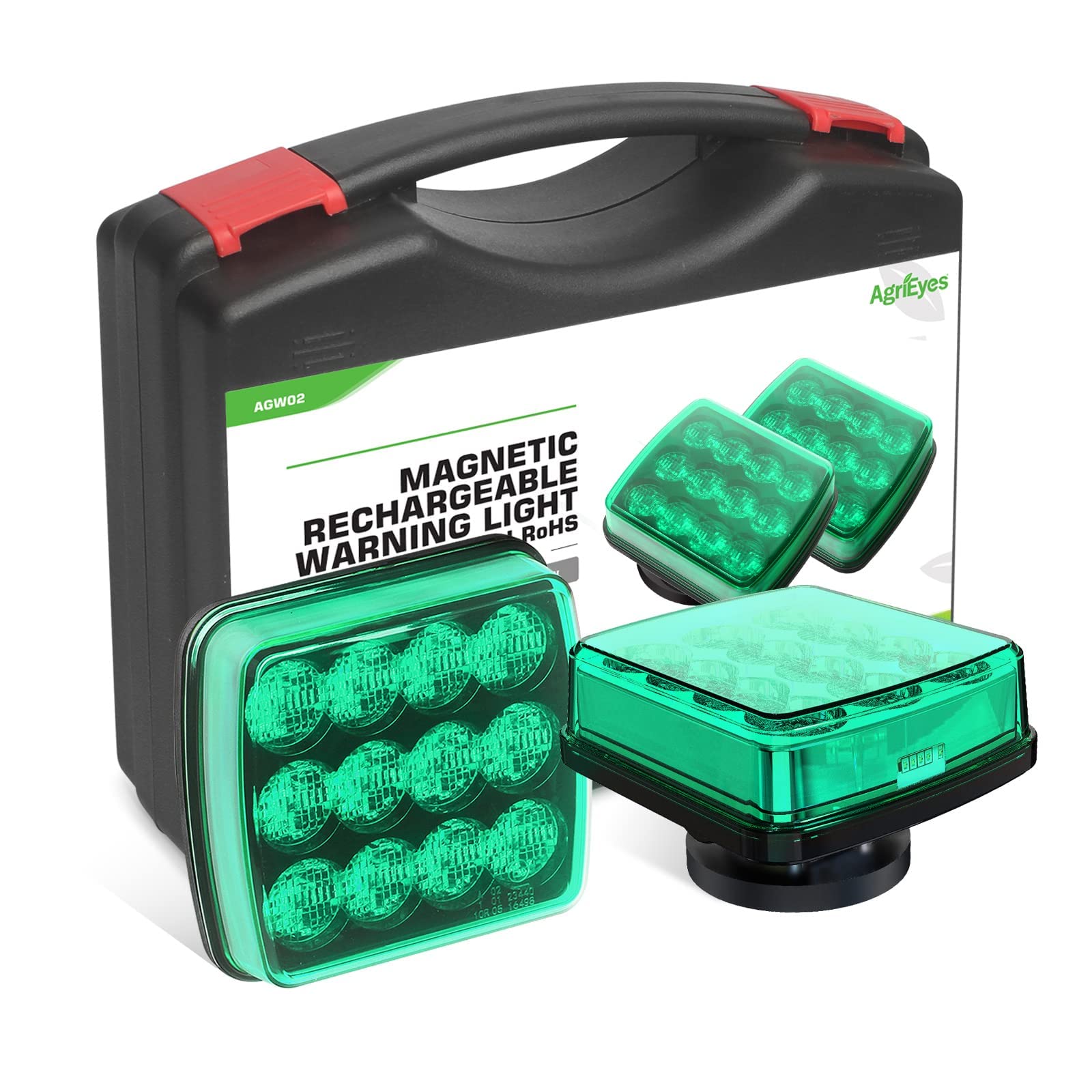 Agrieyes 2Pcs Wireless Emergency Strobe Lights For Trucks,Vehicles, Rechargeable Led Beacon Lights With Super Magnetic, 12-24V, Plow Flashing Hazard Warning Light For Tractor,Automotive, Boat (Green)