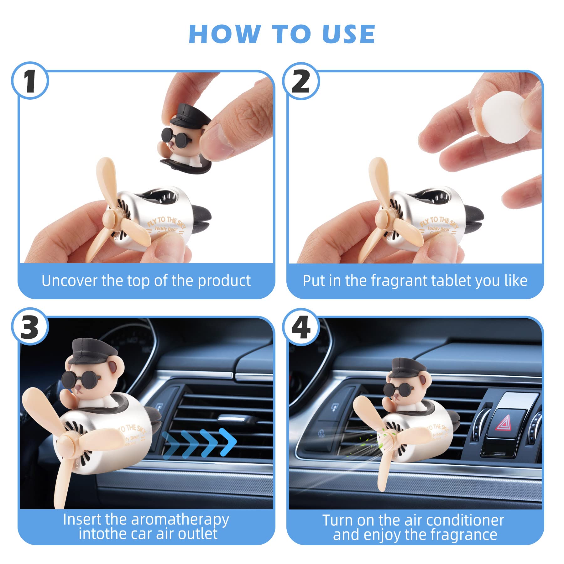 Jimtyee Car Air Freshener Cute Cartoon Teddy Bear Pilot Car Diffuser Rotating Propeller Automotive Air Outlet Fan Creative Car P