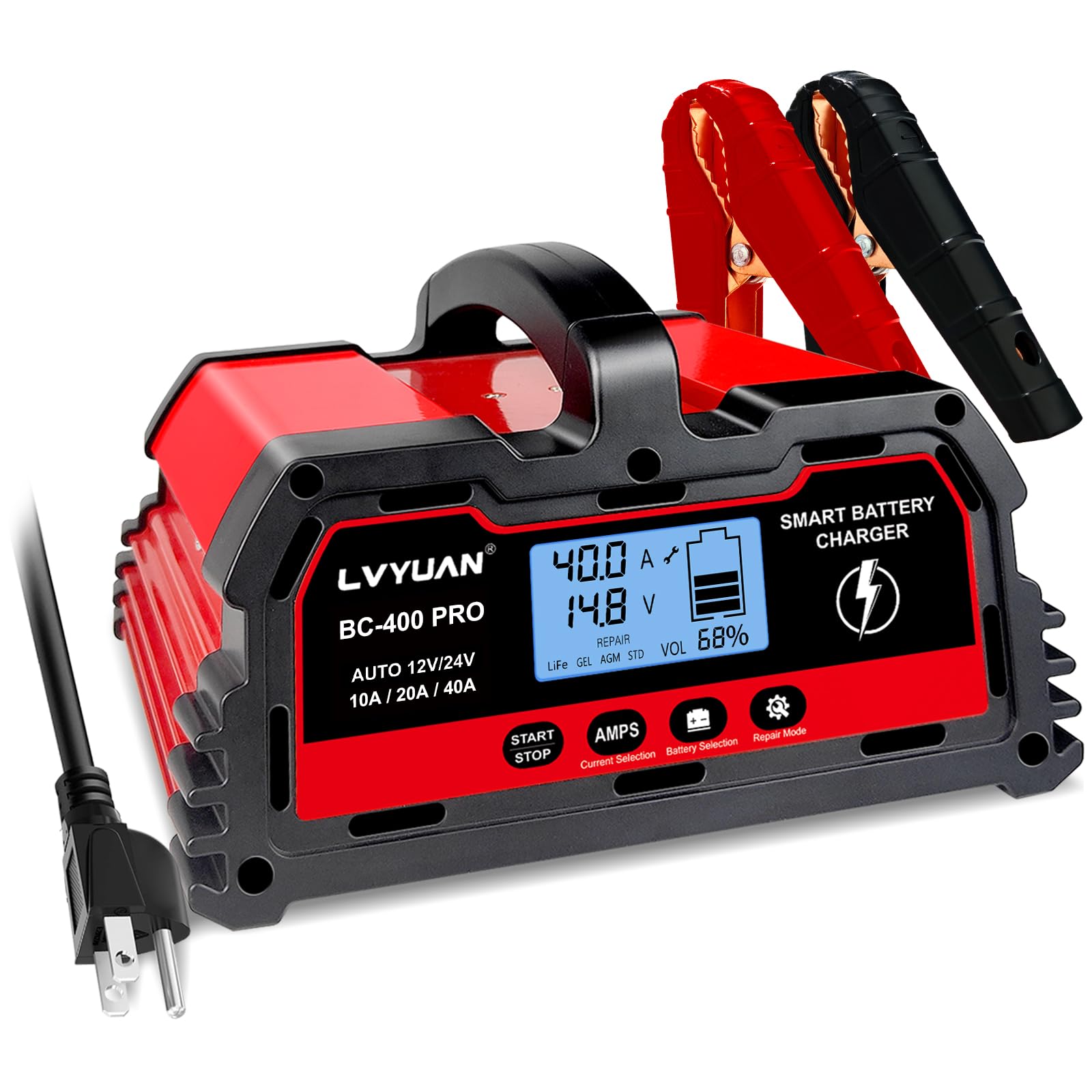 LVYUAN 40Amp Smart Car Battery Charger, 12V/24V Automotive Charger, Lead-Acid Battery, LiFePO4 Battery Maintainer with LCD Displ