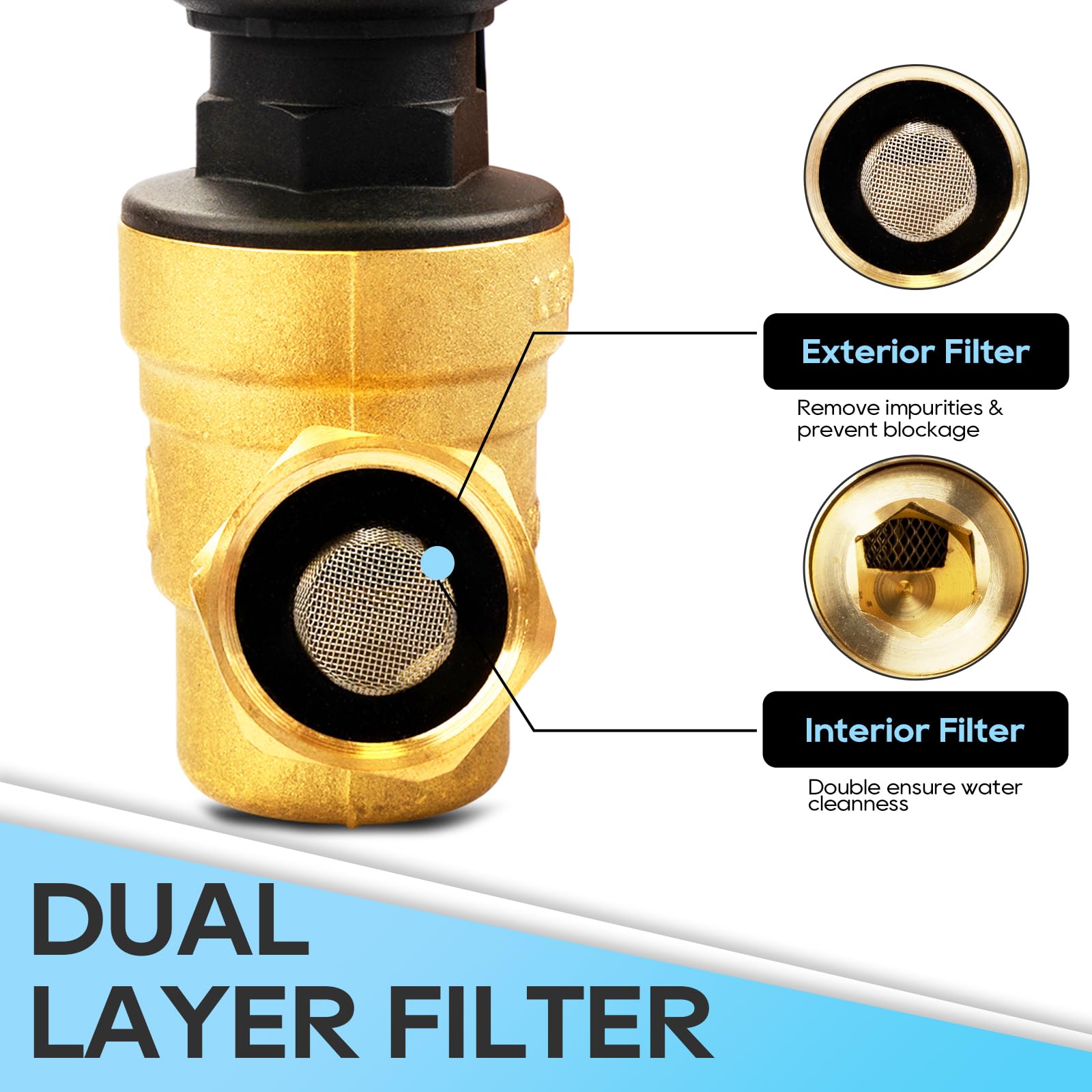 RVGUARD RV Water Pressure Regulator Valve, Adjustable Brass Reducer with Gauge & Inlet Screen Filter, Model RGWPR-H