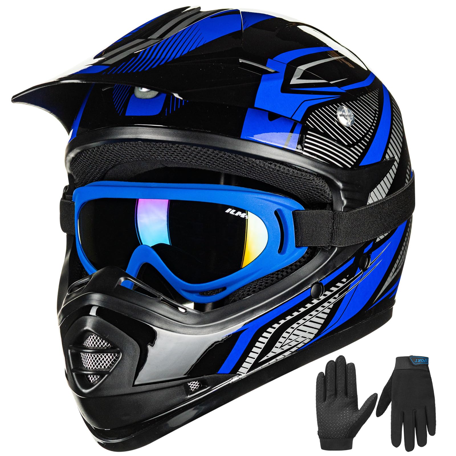 Ilm Youth Kids Atv Motocross Helmet Goggles Sports Gloves Dirt Bike Motorcycle Off Road Dot Approved B07 (Youth-S, Blue/Silver)