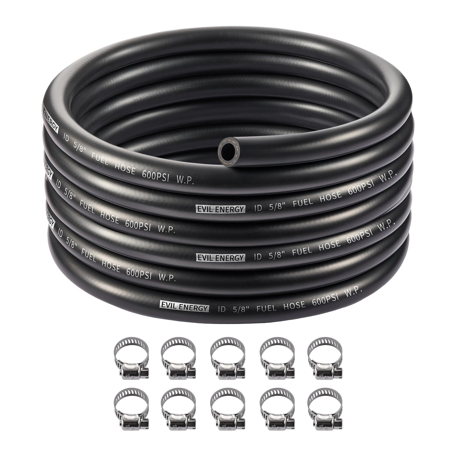 EVIL ENERGY 10AN 5/8 Fuel Line, CPE Rubber 5/8 Push Lock Fuel Hose 20FT and Hose Clamps 10PCS